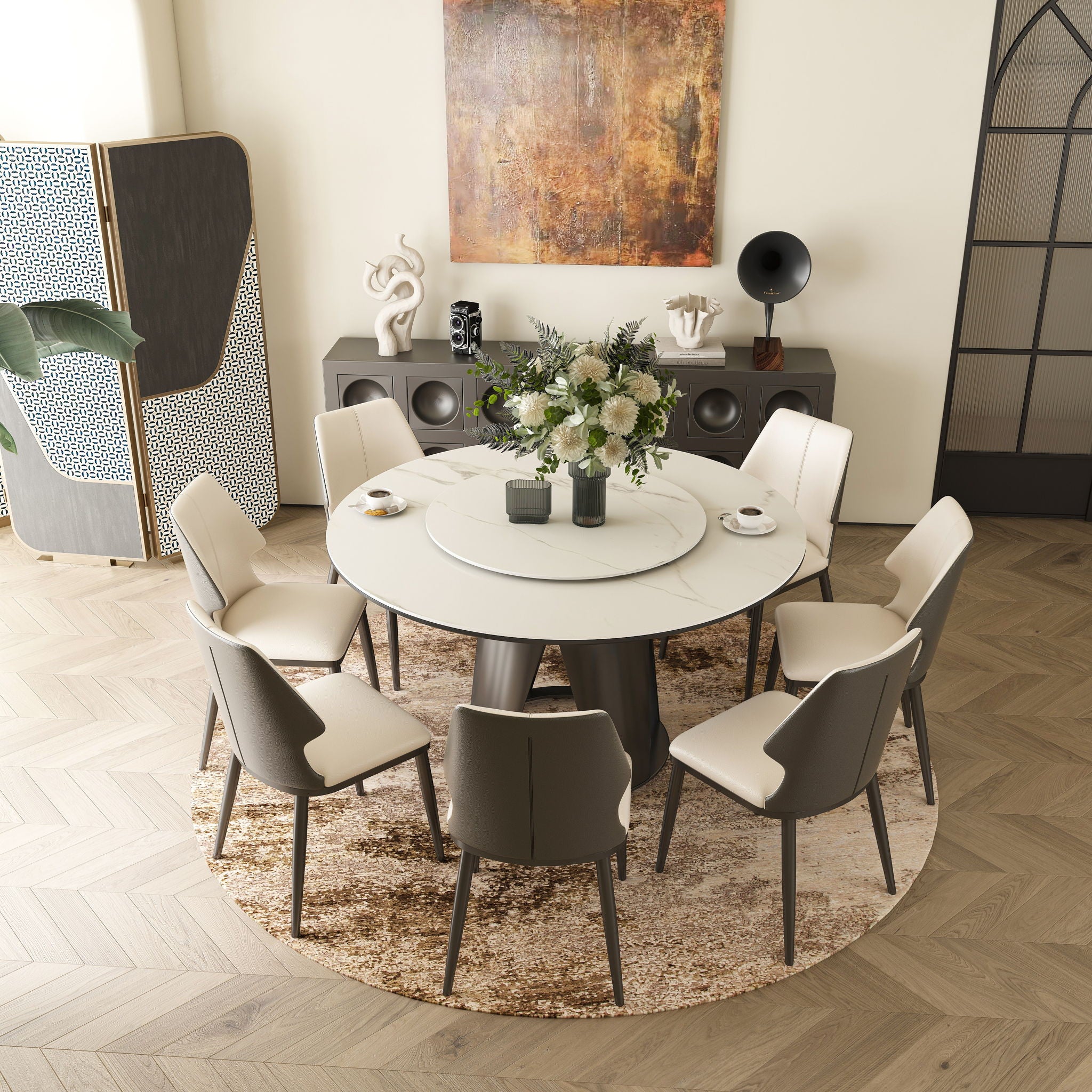 Modern Sintered Stone Dining Table With Round Turntable, Metal Pedestal, And Chairs - Best Buy Furniture