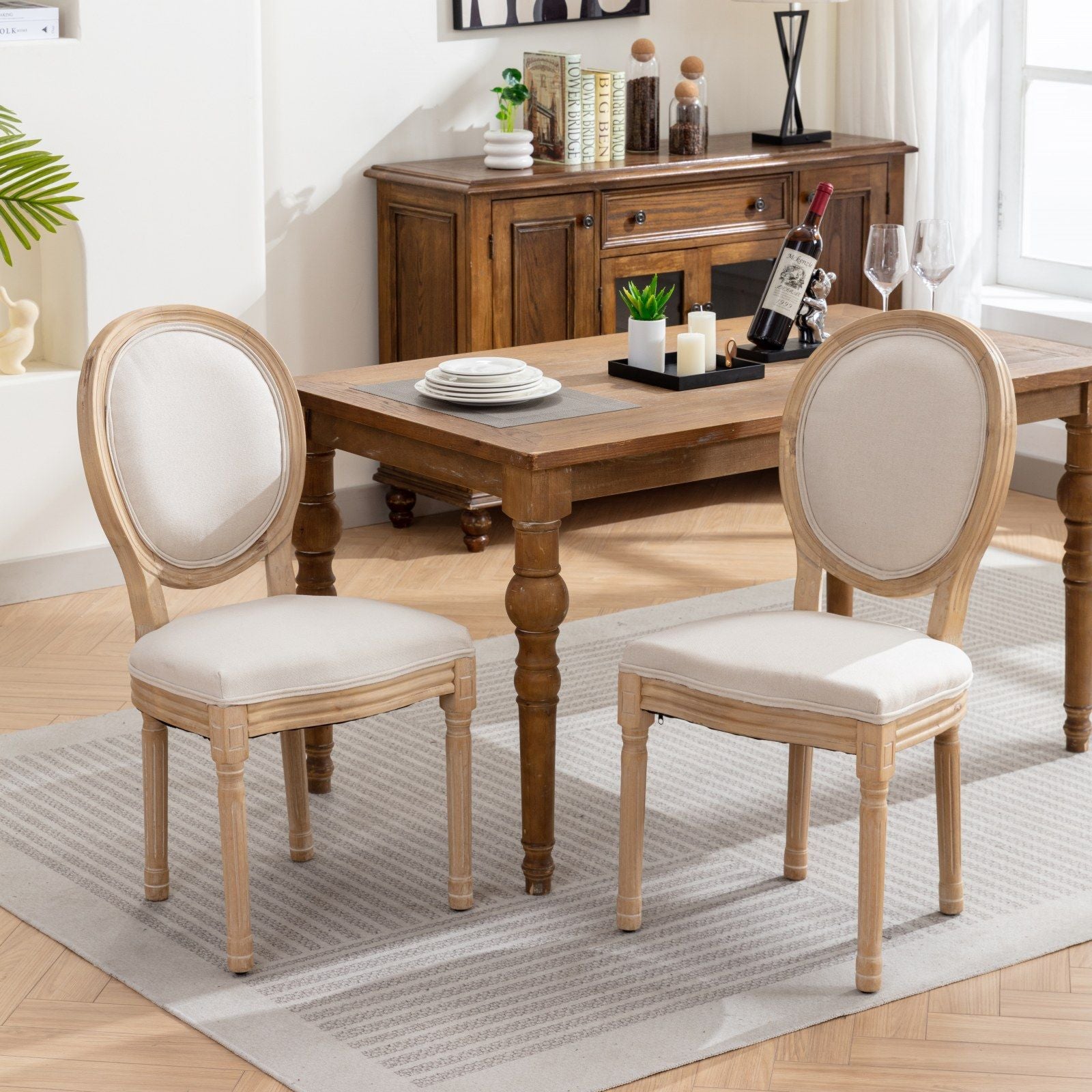 French Style Solid Wood Frame Antique Painting Linen Fabric Back Dining Chair (Set of 2) - Best Buy Furniture