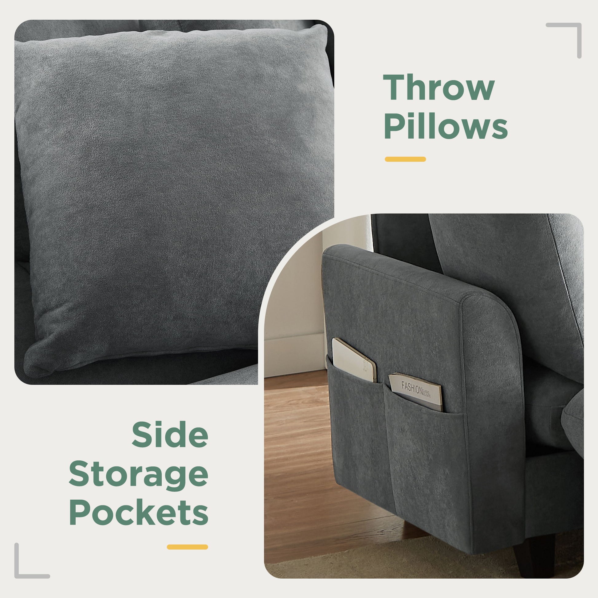 Upholstered L Shaped Sectional Sofa With Storage, Movable Ottoman, And 6 Throw Pillows - Best Buy Furniture