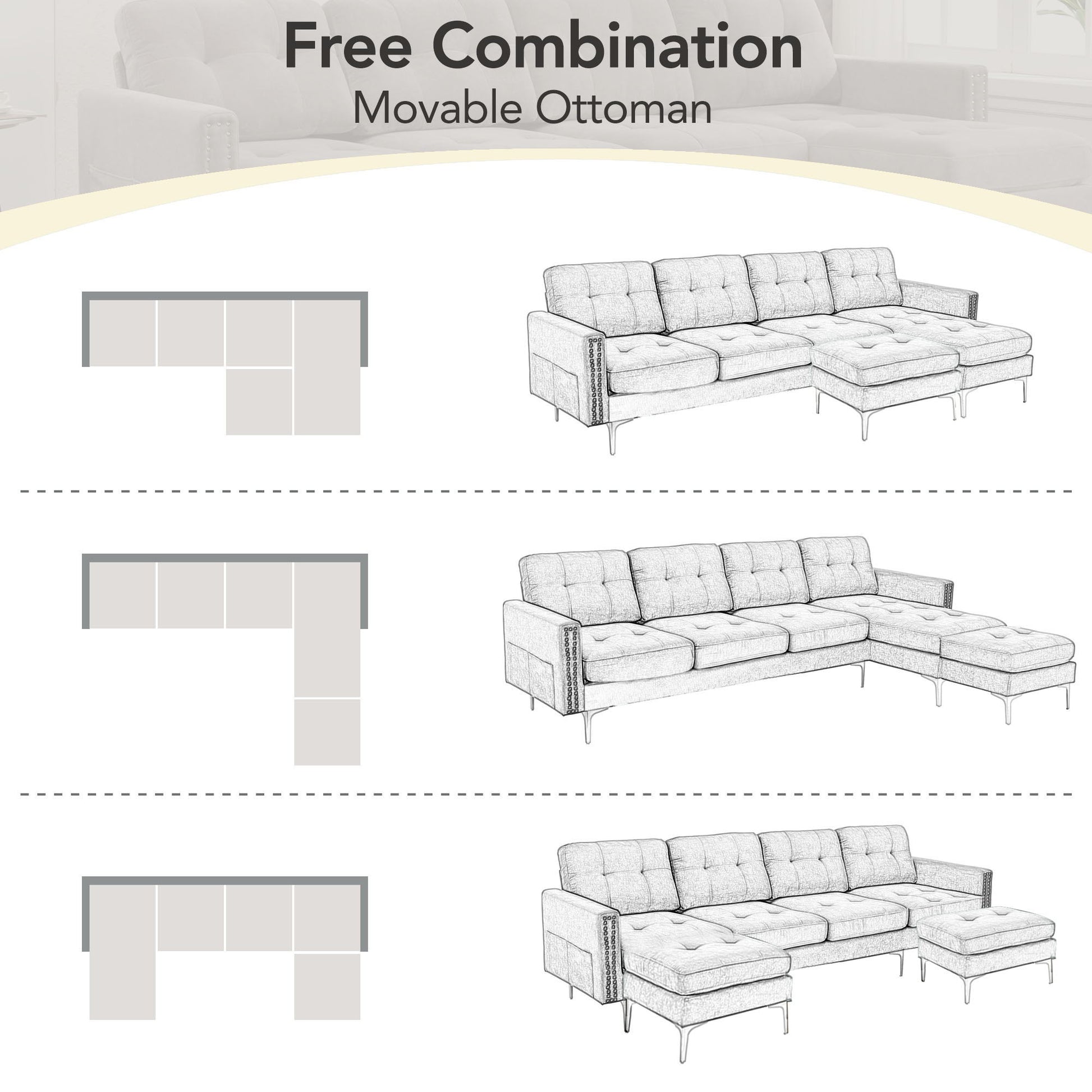 Modern L - Shape Convertible Sectional Sofa With Movable Ottoman - Best Buy Furniture