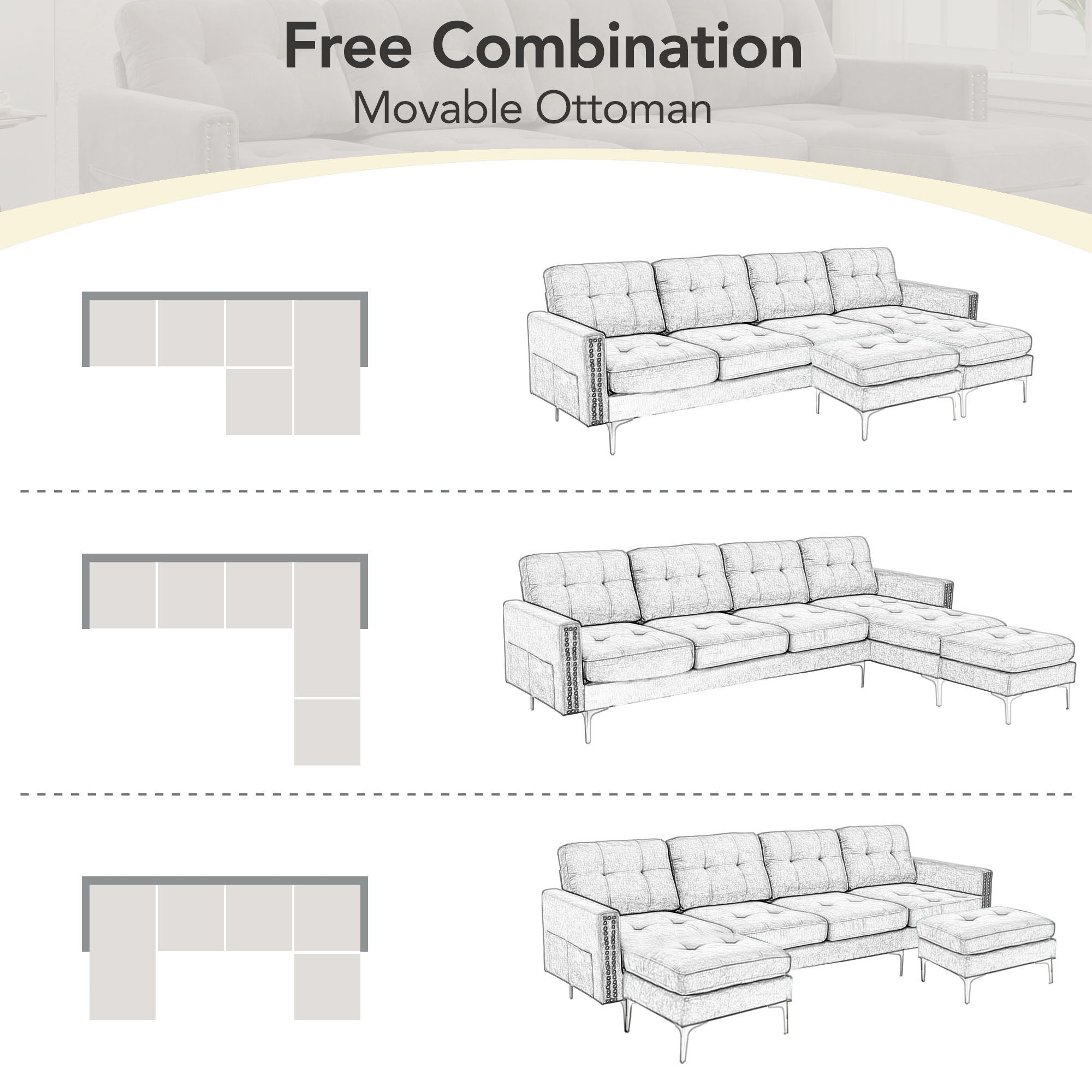 Modern L - Shape Convertible Sectional Sofa With Movable Ottoman - Best Buy Furniture