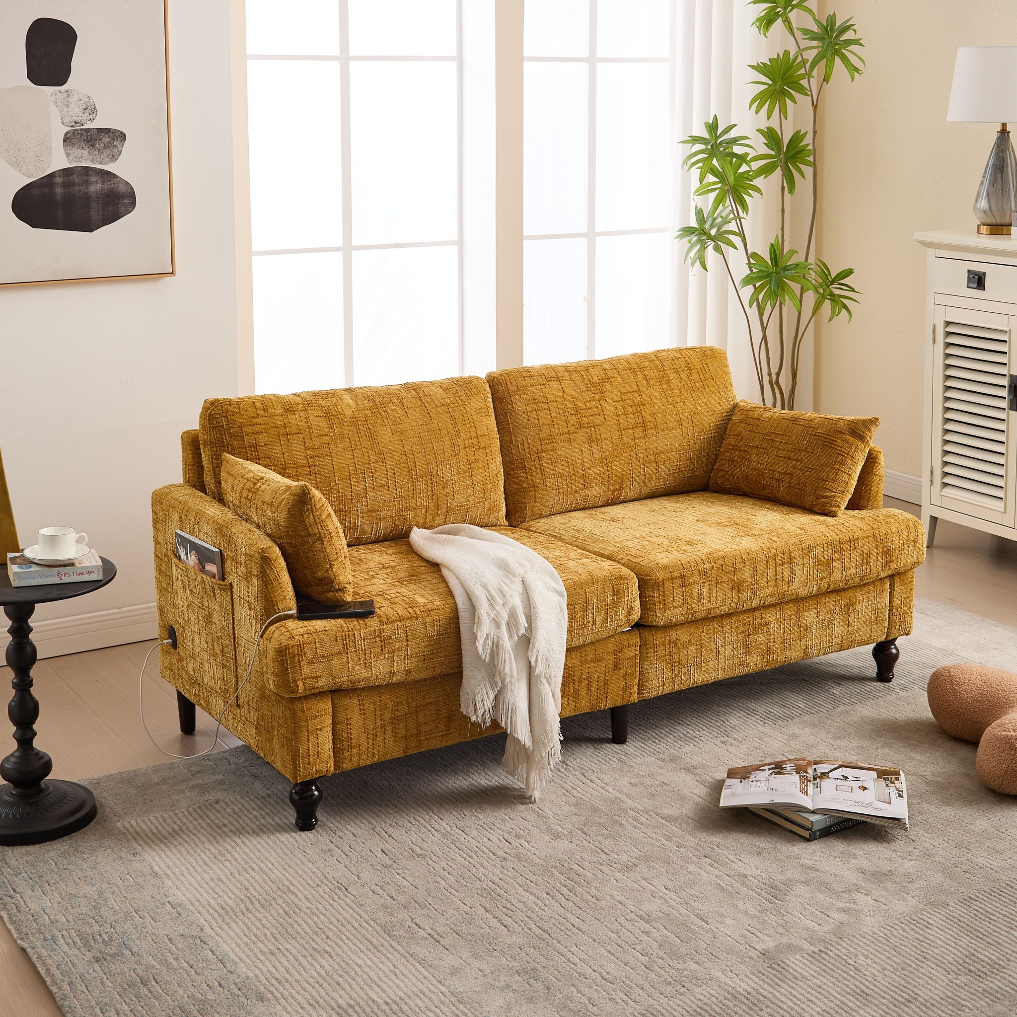 Chenille 2 Seater Sofa With LED Light, USB Charging Port, And Storage Bag - Best Buy Furniture