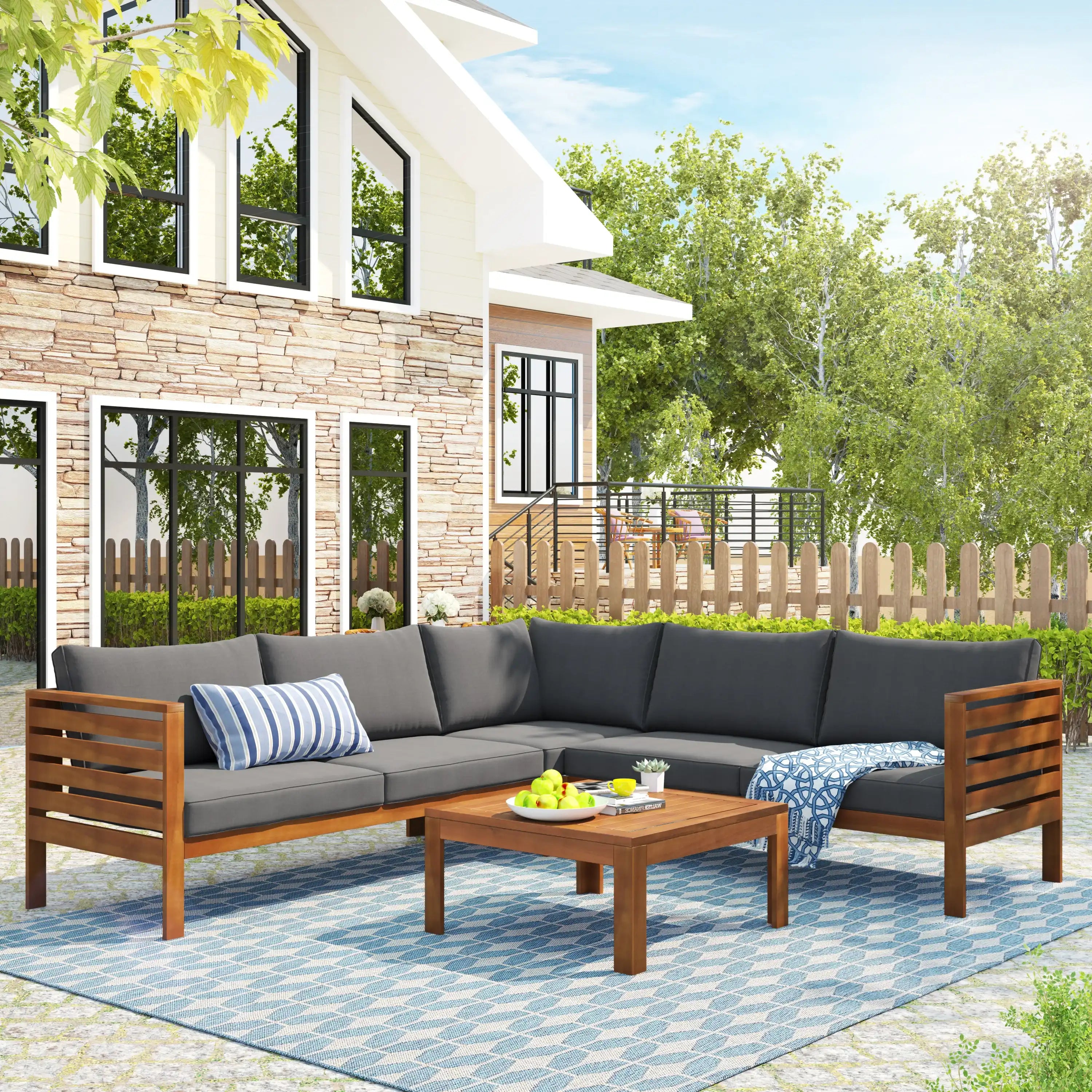 Modern Outdoor Sectional Set with gray Cushions Water-resistant and UV Protected High quality acacia wood - Best Buy Furniture