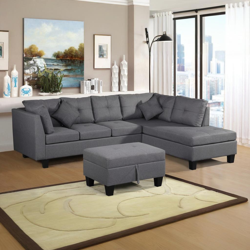 Sectional Sofa Set For Living Room With Right Hand Chaise Lounge And Storage Ottoman - Gray - Best Buy Furniture