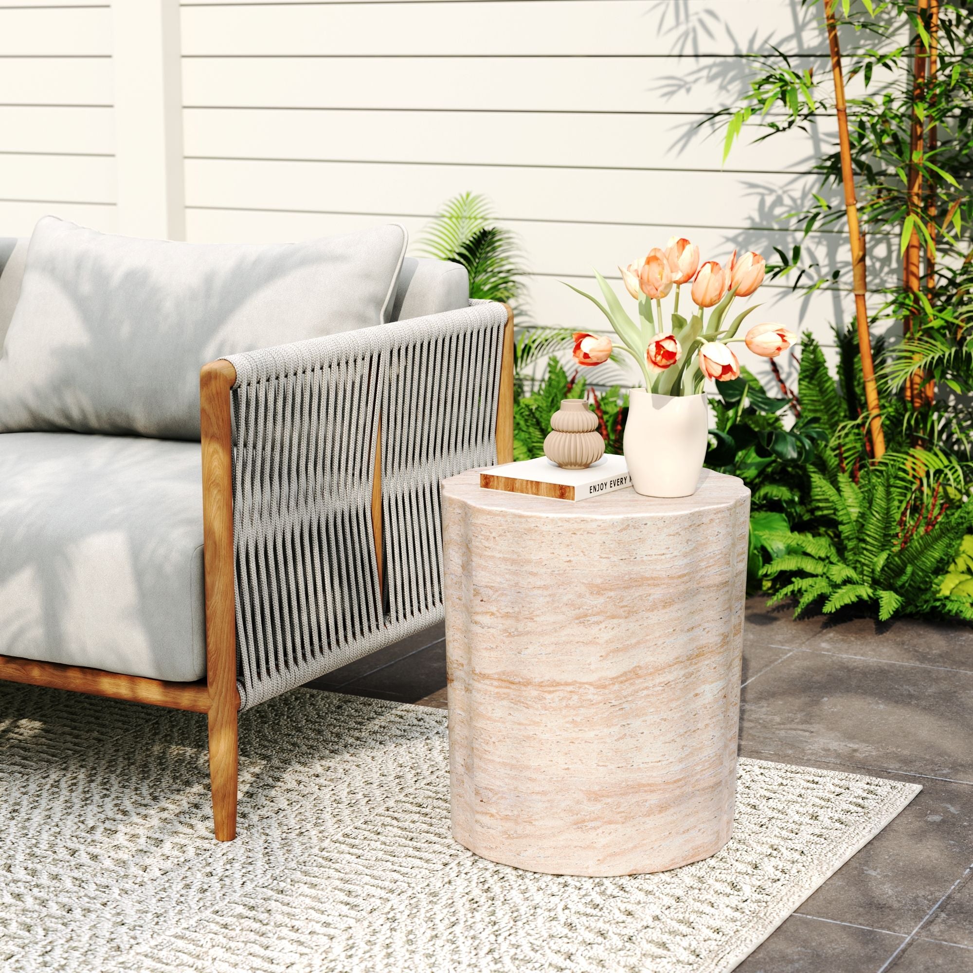 Elegant Indoor / Outdoor Lightweight Concrete Side Table With Travertine - Beige - Best Buy Furniture