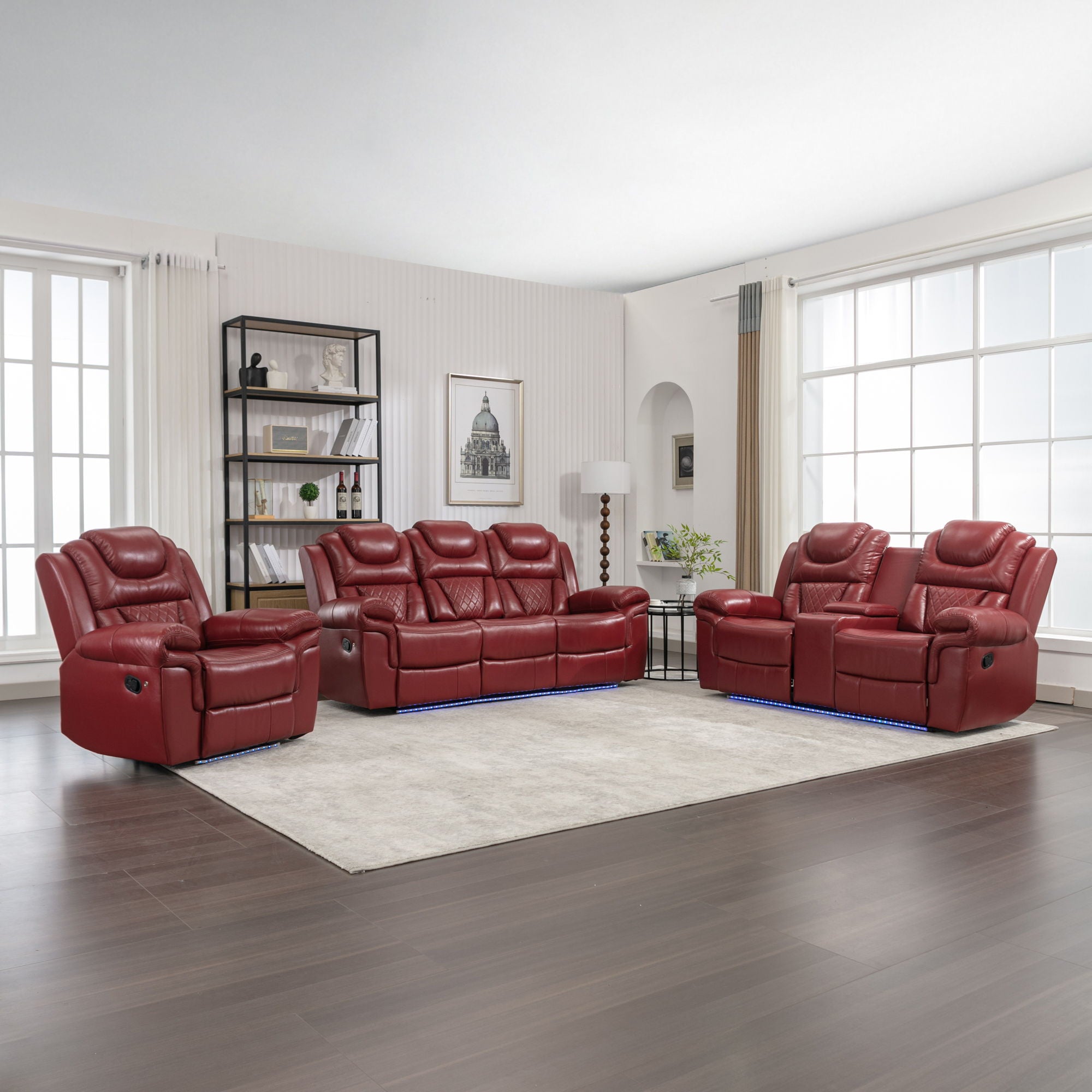 3 Pieces Recliner Sofa Sets Home Theater Seating Manual Recliner Chair With Center Console And LED Light Strip For Living Room - Best Buy Furniture