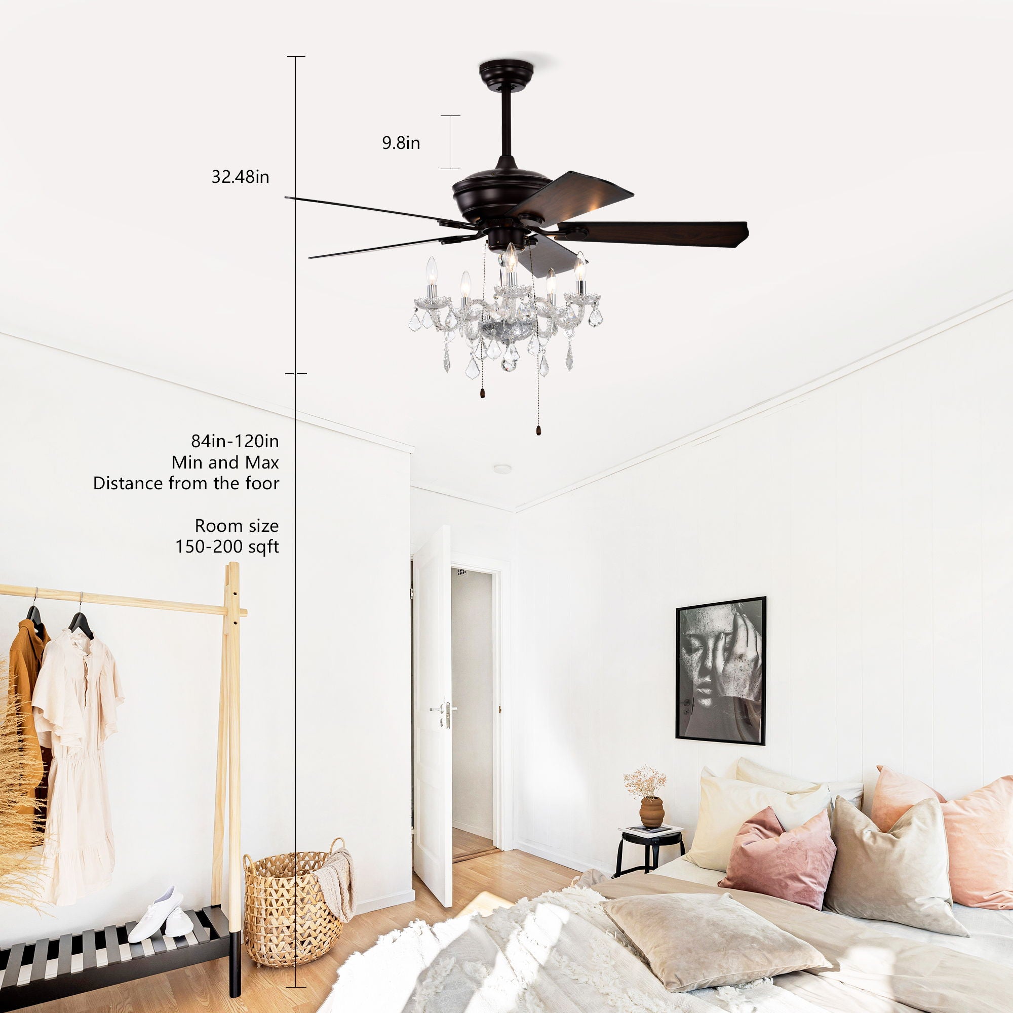 52" Crystal Shade Ceiling Fan Lamp, 3 Speed, 4 Timing, 5 Reversible Blades Crystal Ceiling Fan, 5 Pieces X E12 (No Include Bulb), Hand Pull Chain - Matte Black - Best Buy Furniture