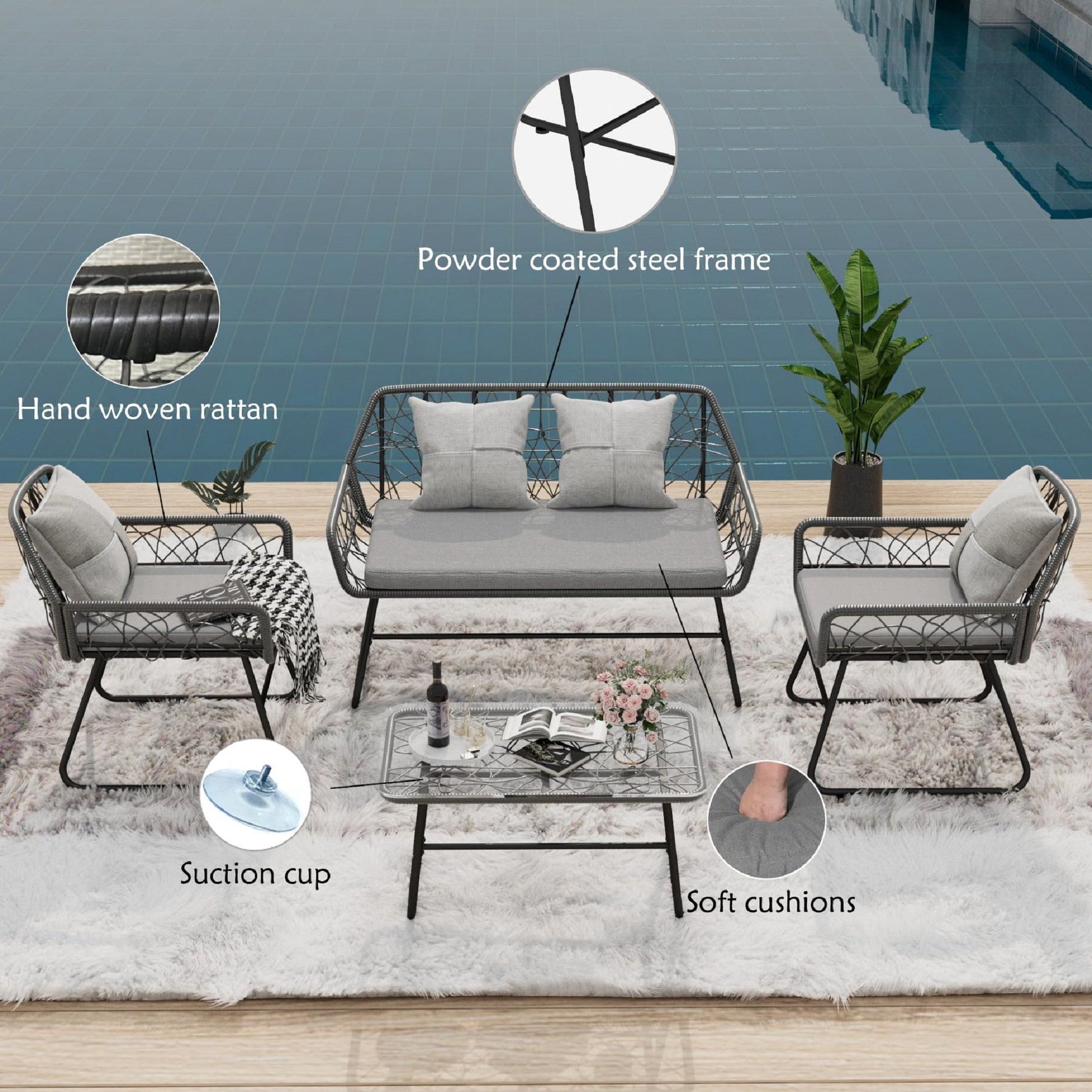 4 Piece Wicker Patio Furniture Set With Tempered Glass Table And Detachable Cushions - Best Buy Furniture