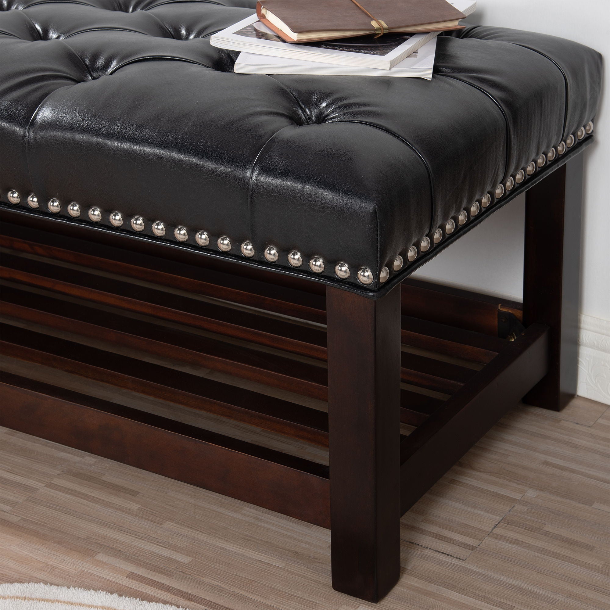 Bedroom End Of Bed Bench Tufted Upholstered End Of Bed Bench End Of Bed Entrance Shoe Bench With Nailhead Trim And Shelf Bedroom Upholstered Leather Bench Living Room Shoe Rack Footstool - Best Buy Furniture