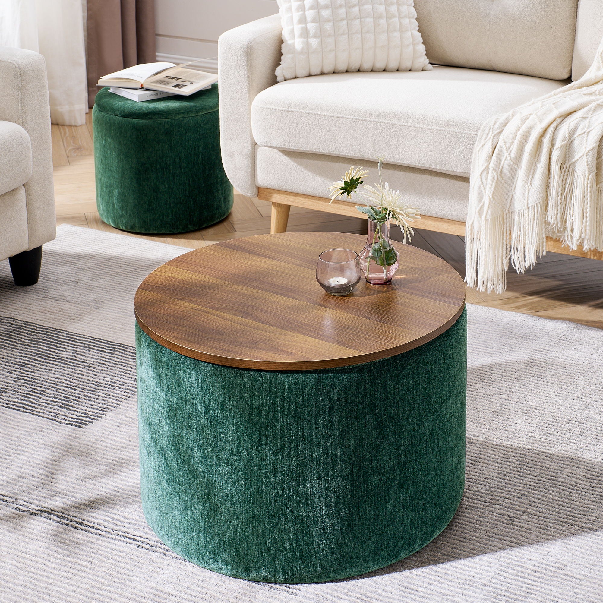 Classic 2 Piece Round Storage Ottoman Set With Drum Shaped Stool - Best Buy Furniture