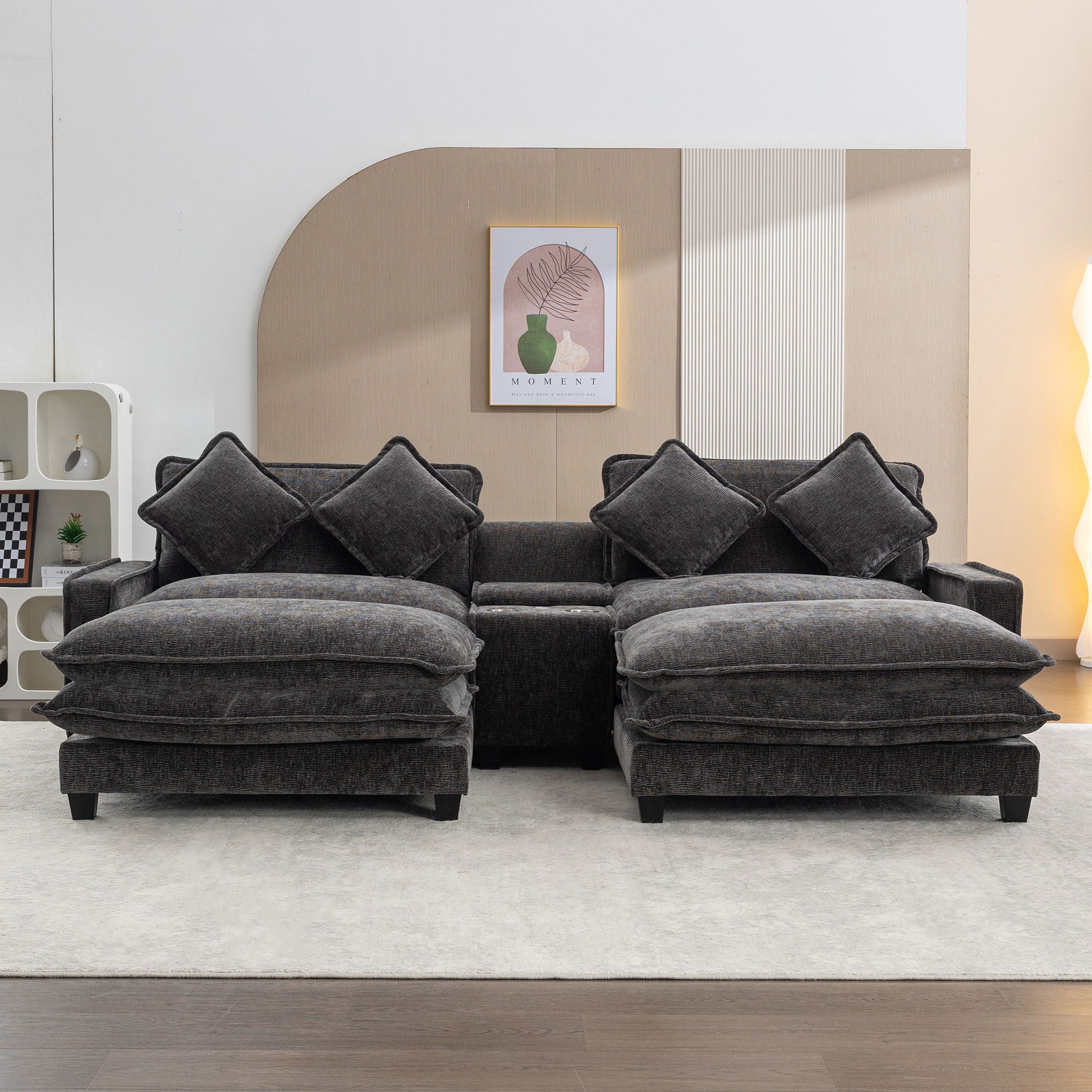 Sectional Sofa Chenille Upholstered Sofa With Two Removable Ottoman, Two USB Ports, Two Cup Holders And Large Storage Box For Living Room - Best Buy Furniture