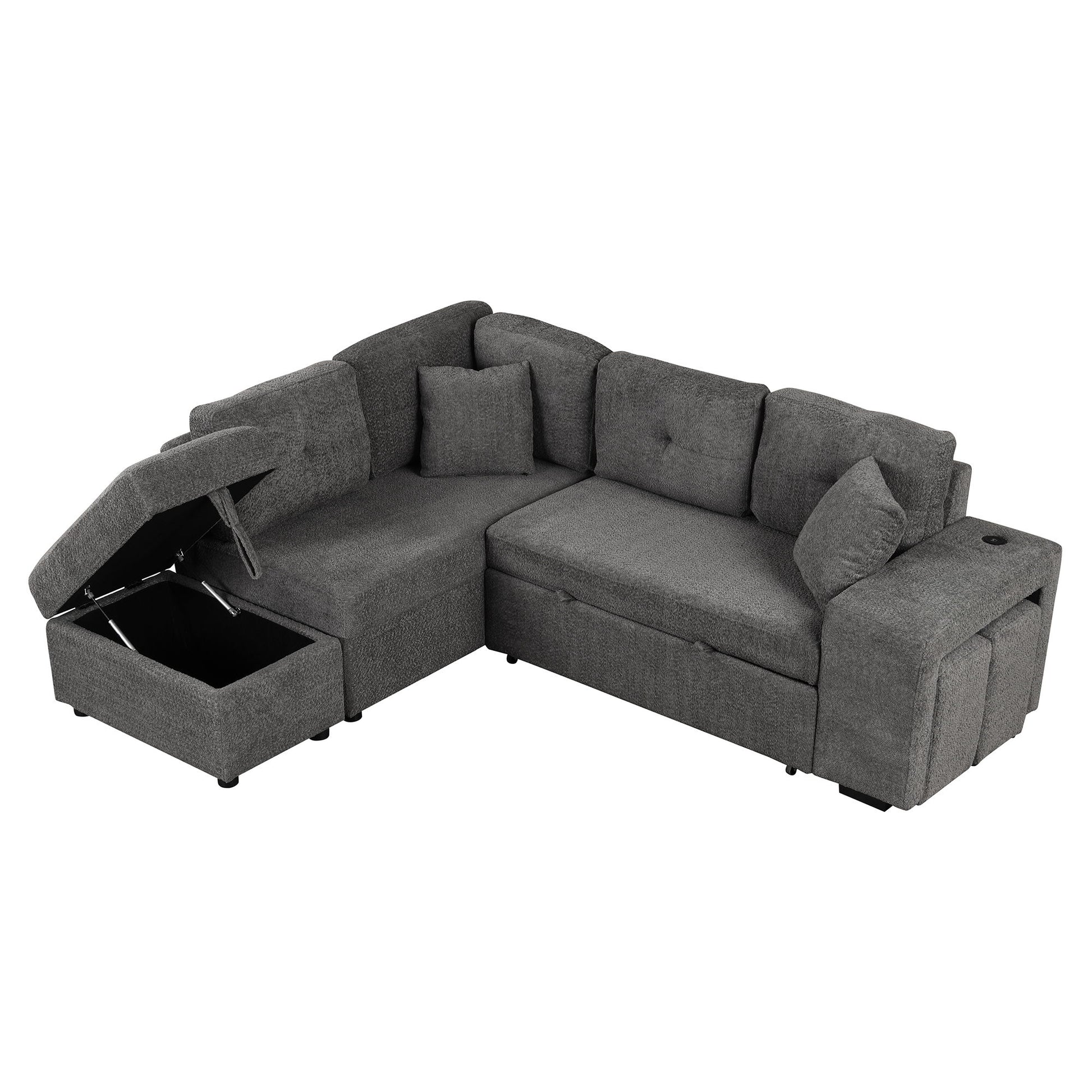 Convertible Sleeper, Sectional Pull Out Sofa Bed With Storage Ottoman, 2 Throw Pillows, 2 Stools, Wireless Charger And Two Hidden USB Ports For Living Room - Best Buy Furniture