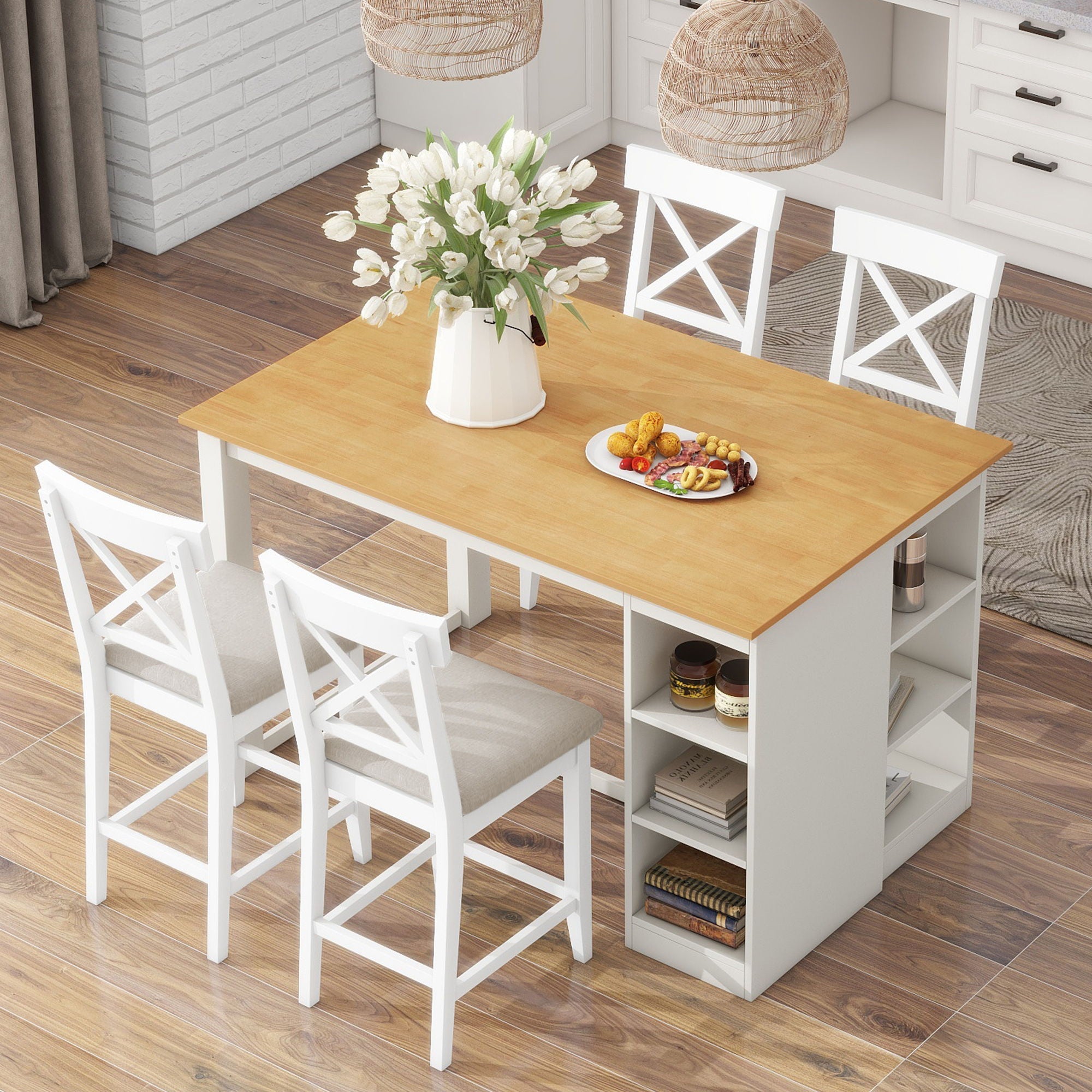 Solid Wood Farmhouse Counter Height Dining Table Set With 3 Tier Storage Shelves - Best Buy Furniture