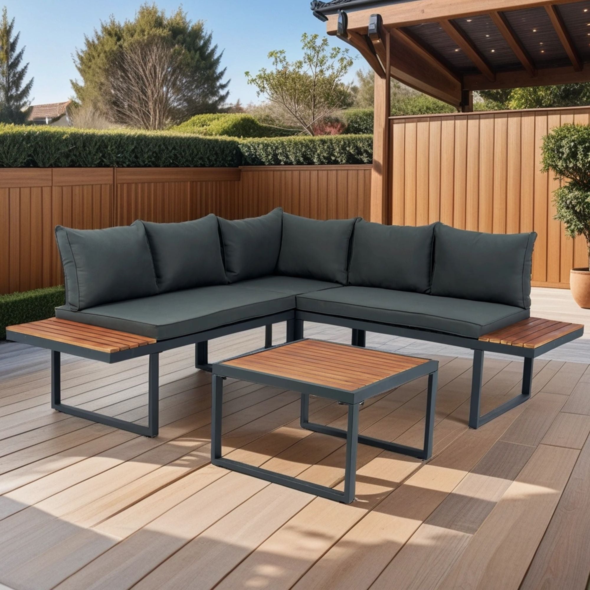 4 Piece L-Shaped Patio Wicker Outdoor 5 Seater Sectional Sofa Seating Group Conversation Sets With Side Table & Cushions - Dark Gray - Best Buy Furniture