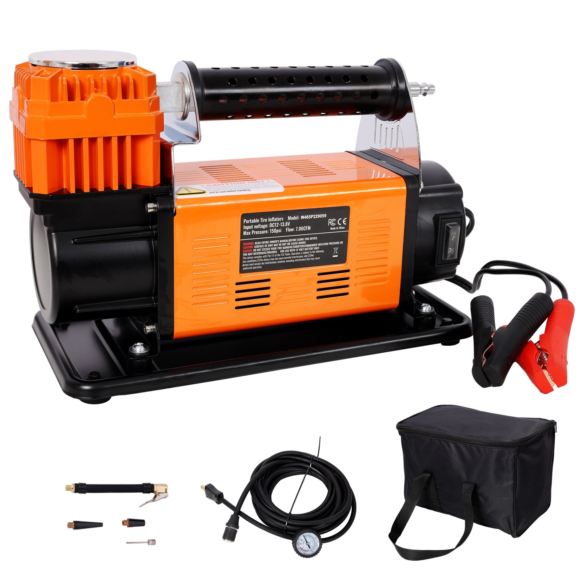 Heavy Duty 12V Air Compressor, Tire Inflator With Pressure Gauge, Compact Size - Black / Orange - Best Buy Furniture