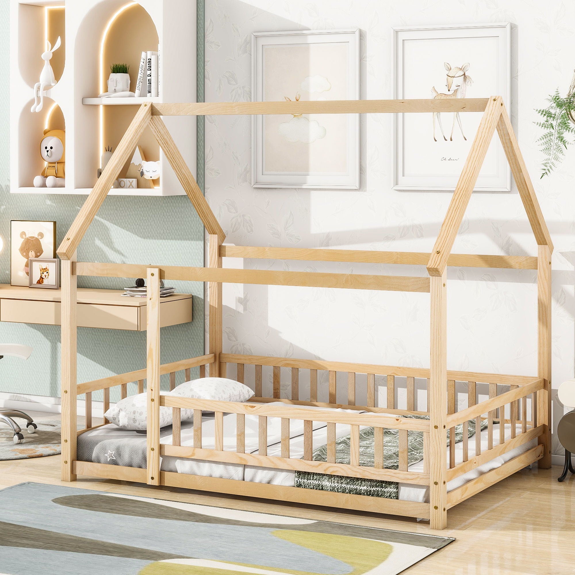 Floor Wooden Bed With House Roof Frame, Fence Guardrails - Best Buy Furniture