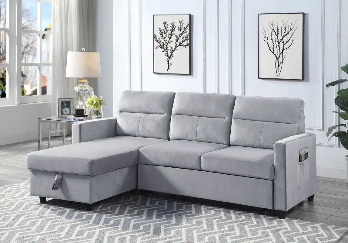 Ruby - Velvet Reversible Sleeper Sectional Sofa With Storage Chaise And Side Pocket - Light Gray - Best Buy Furniture