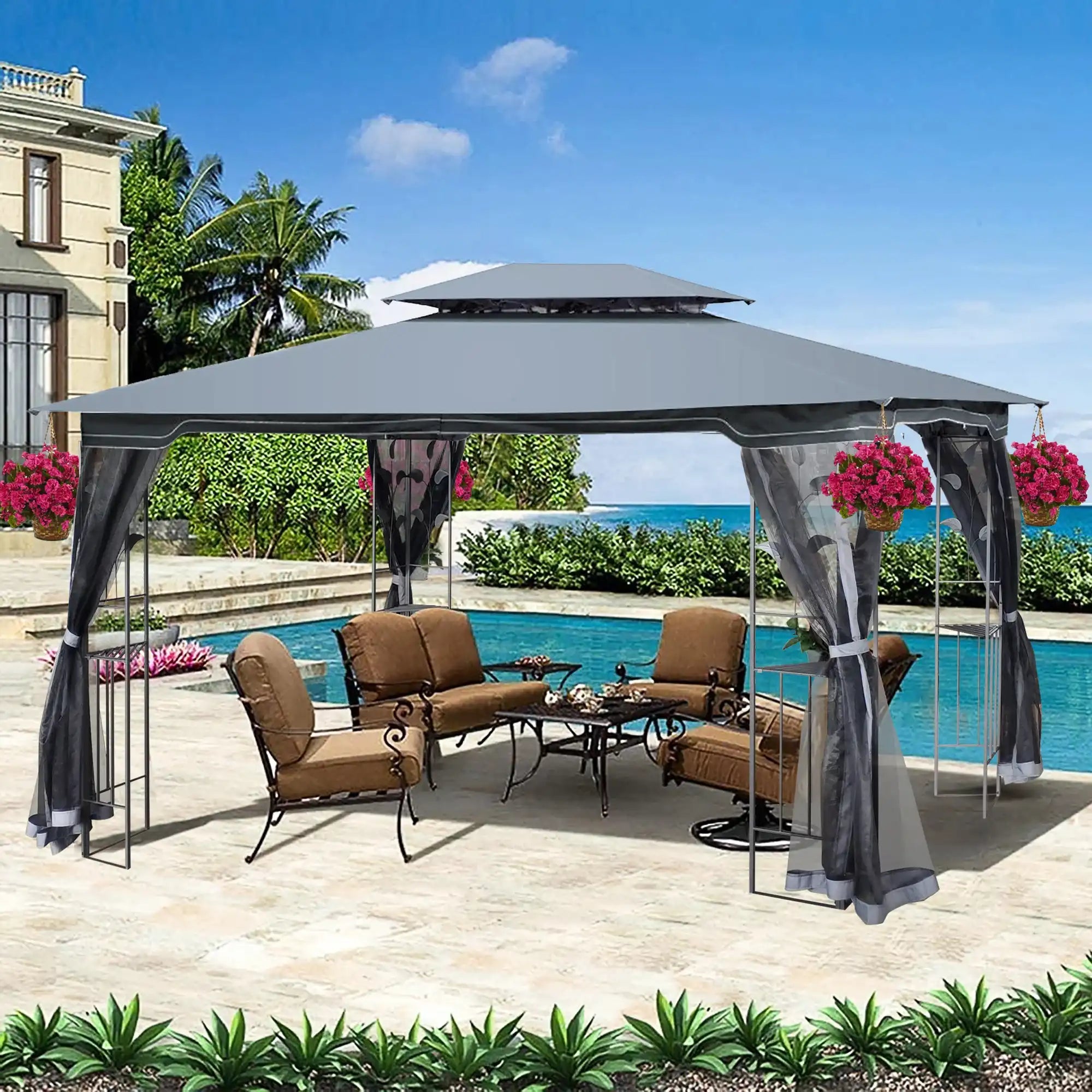 13x10 Gray Outdoor Patio Gazebo with Ventilated Double Roof - Best Buy Furniture