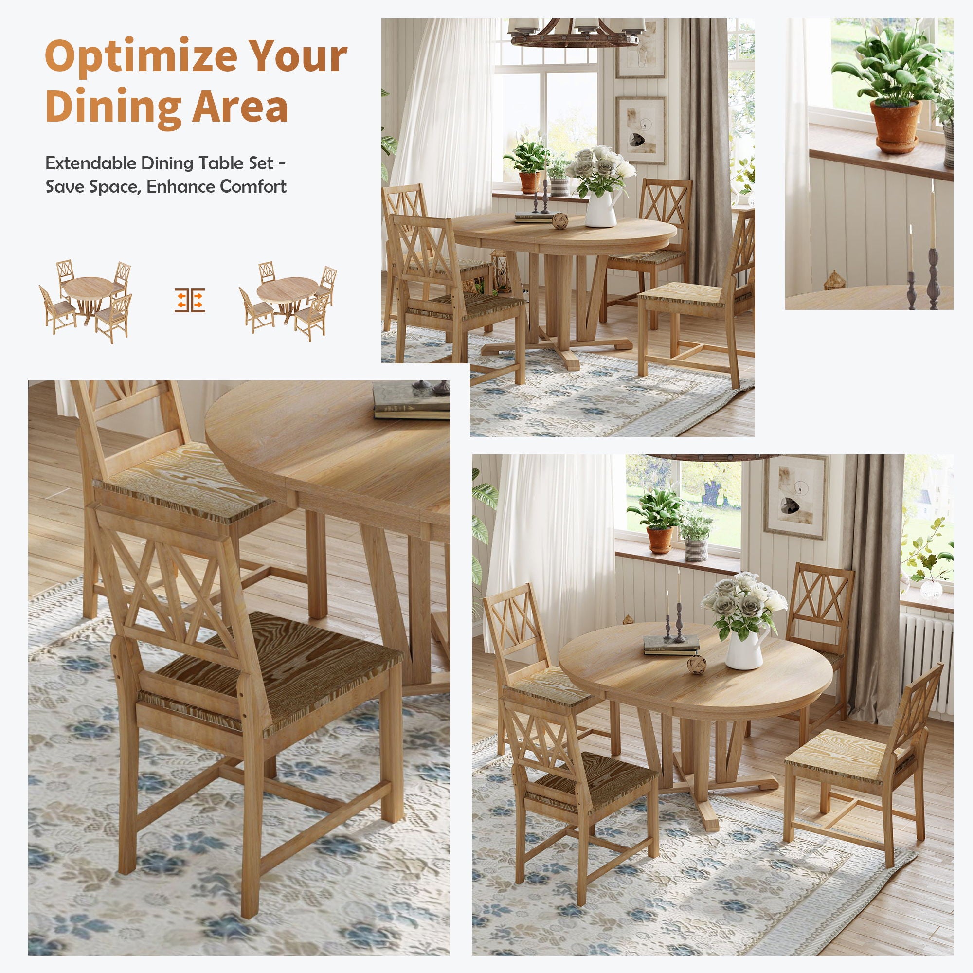 Topmax - 5 Piece Rustic Extendable Dining Table Set Round Trestle Table And 4 Cross Back Dining Chairs For Kitchen, Dining Room - Best Buy Furniture