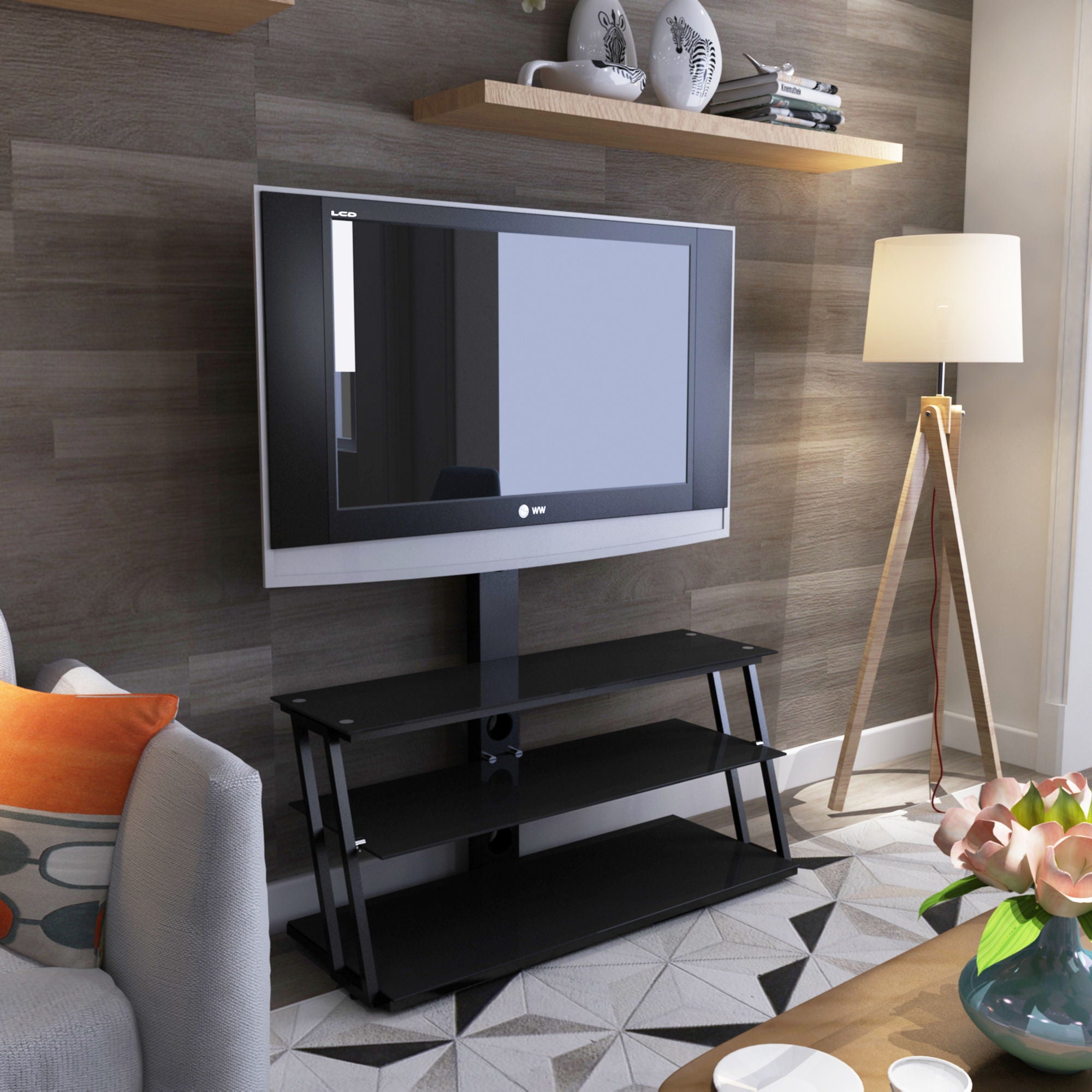 Multi-Function Angle And Height Adjustable Tempered Glass TV Stand - Black - Best Buy Furniture