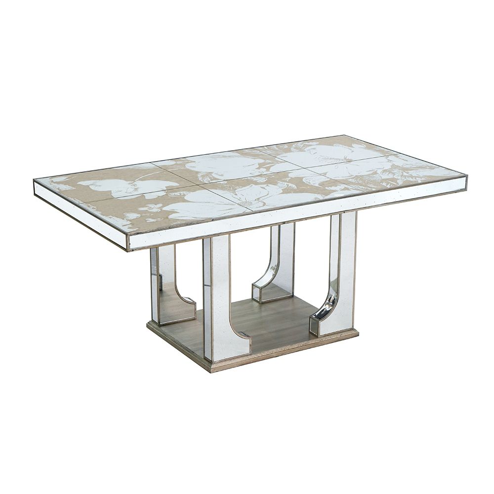 Large Mirrored Dining Table With Elegant Floral Design And - Silver Multi - Best Buy Furniture