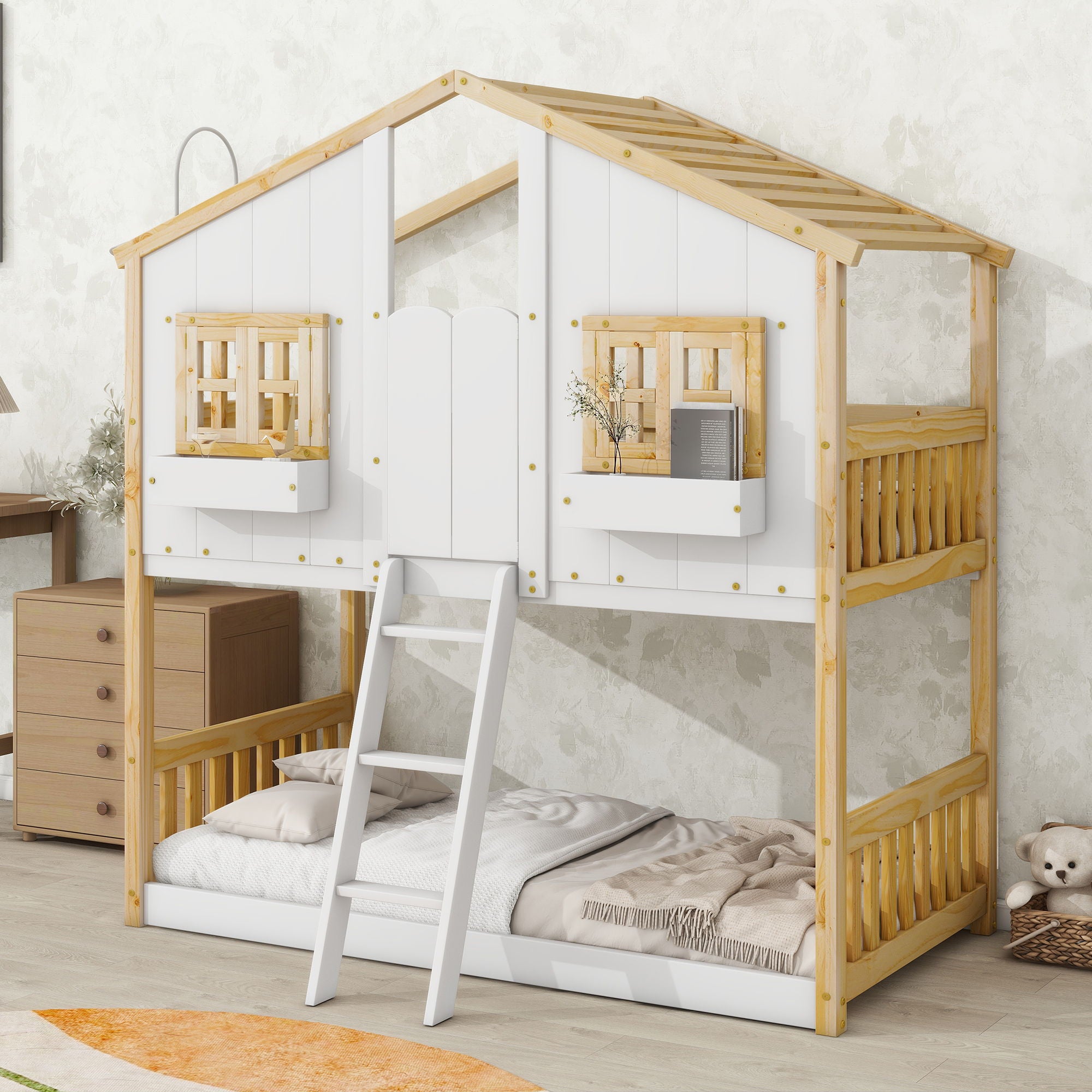 House Bunk Bed With Roof, Window, Window Box, Door, With Safety Guardrails And Ladder - Best Buy Furniture