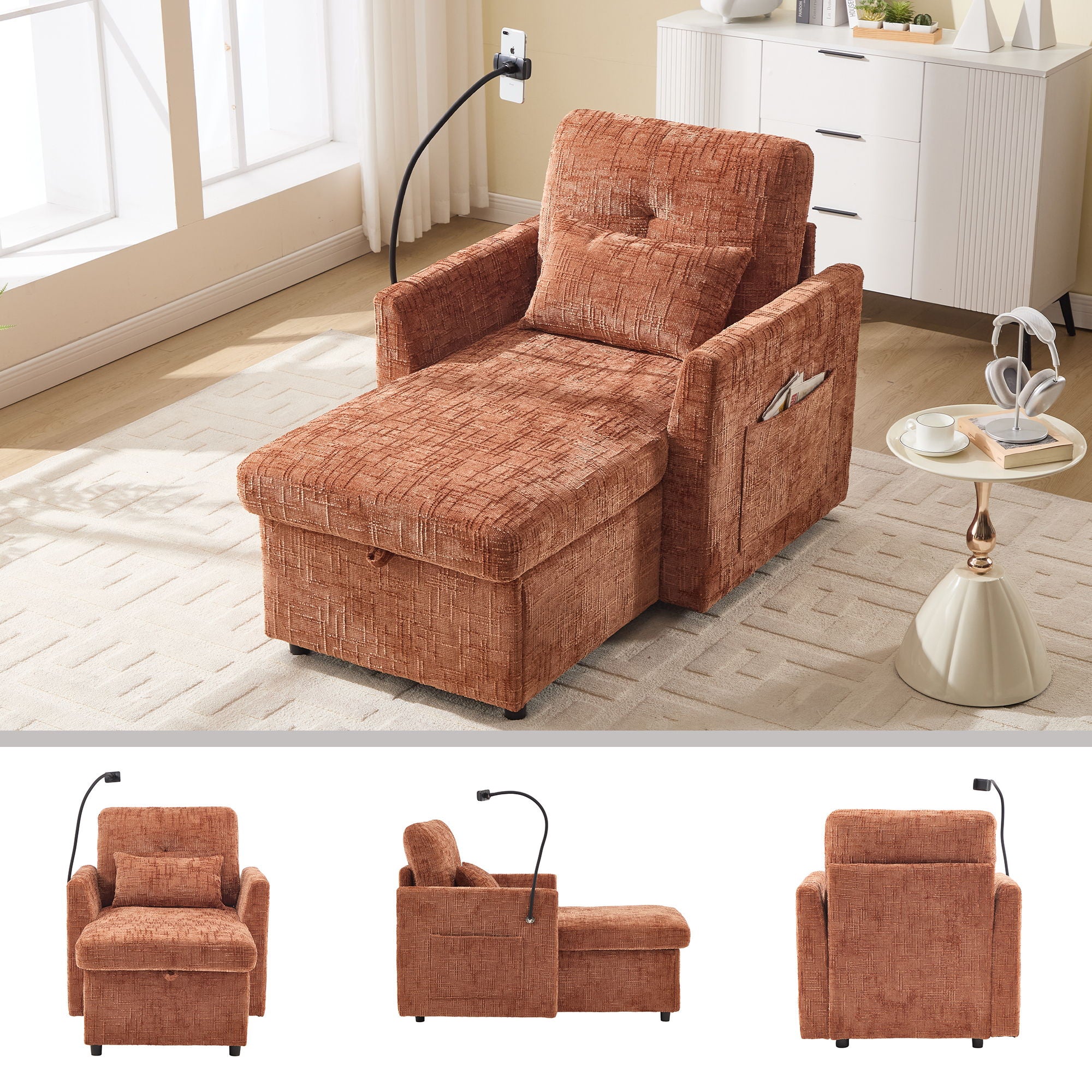 Multifunctional Chenille Recliner Sofa With Storage And Phone Bracket - Best Buy Furniture