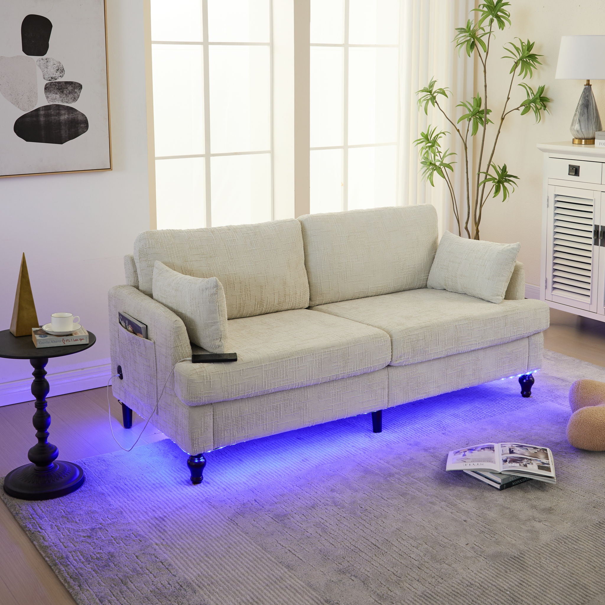 Chenille 2 Seater Sofa With LED Light, USB Charging Port, And Storage Bag - Best Buy Furniture