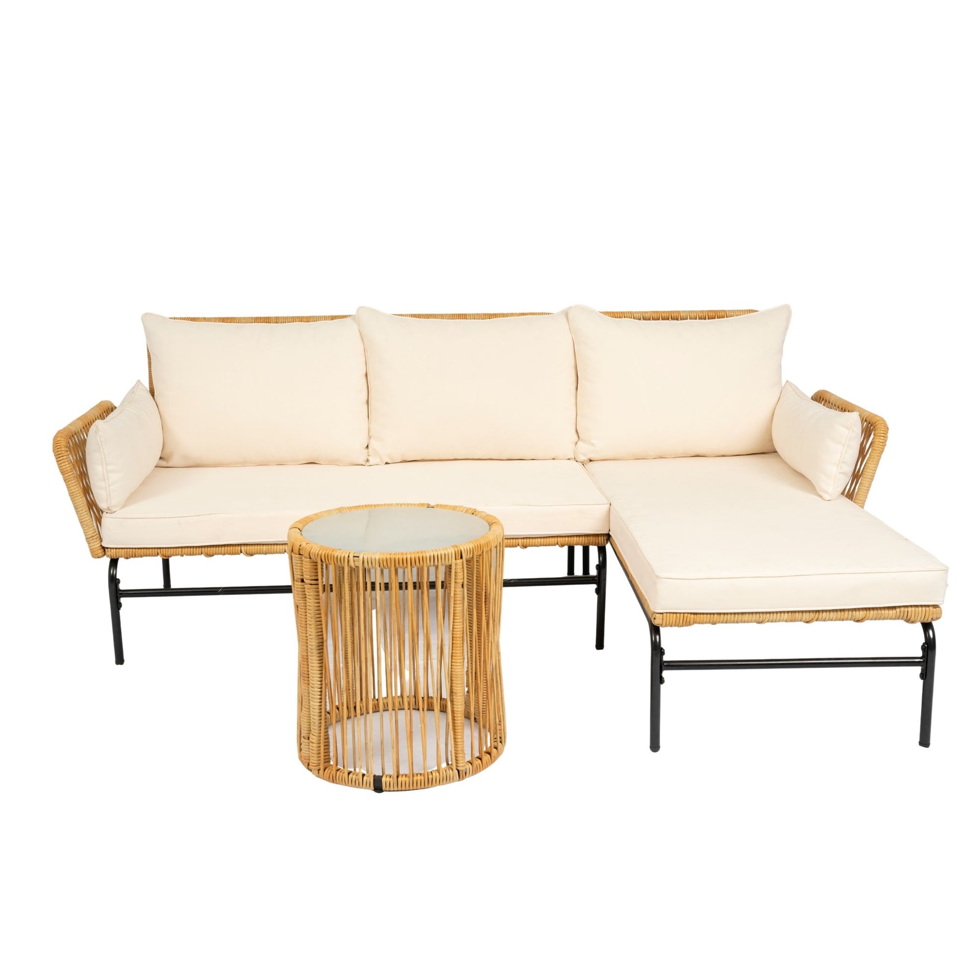 3 Pieces Outdoor Patio Wicker Furniture Sets Table And Chairs With Thick Cushion Outdoor Sofa Set Wicker And Cushion - Natural Yellow / Creme - Best Buy Furniture
