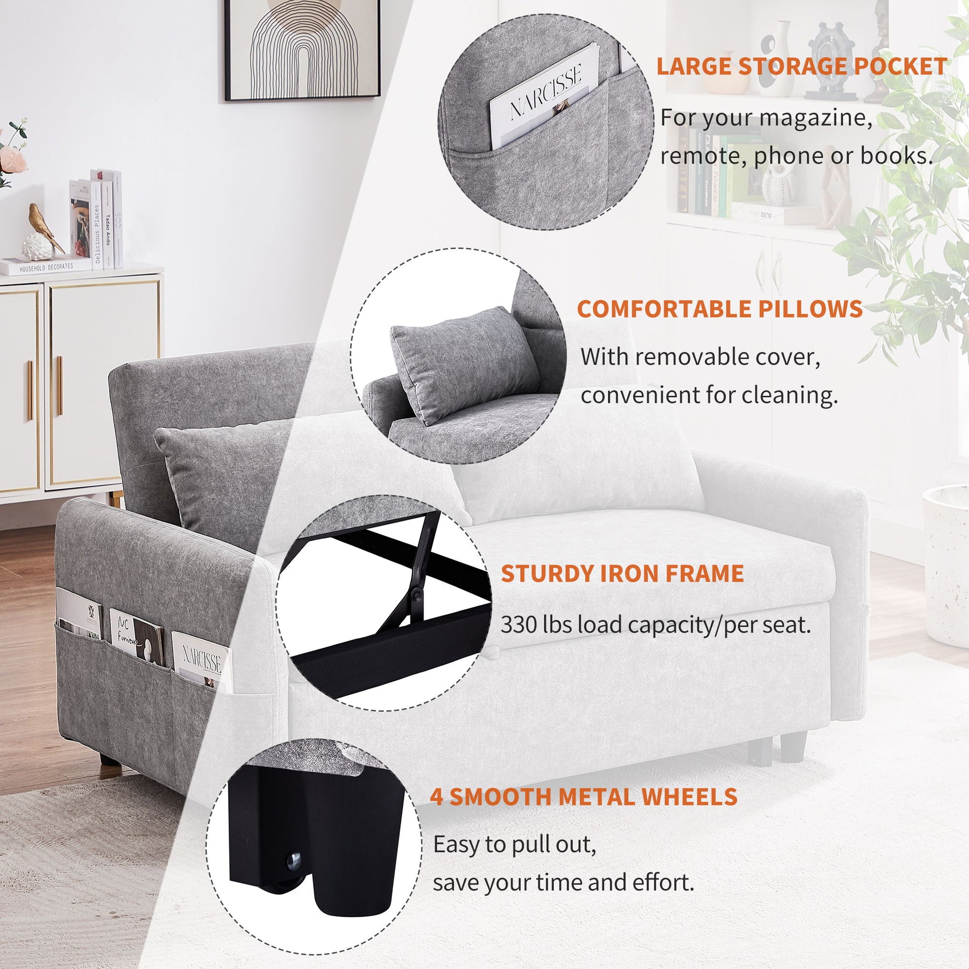 Pull Out Sleep Sofa Bed Loveseats Sofa Couch With Adjsutable Backrest, Storage Pockets, 2 Soft Pillows, USB Ports For Living Room, Bedroom, Apartment, Office - Best Buy Furniture