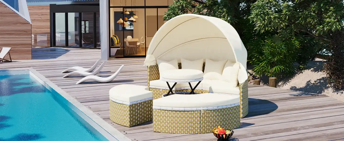 TOPMAX Round Outdoor Sectional Sofa Set Rattan Daybed - Best Buy Furniture