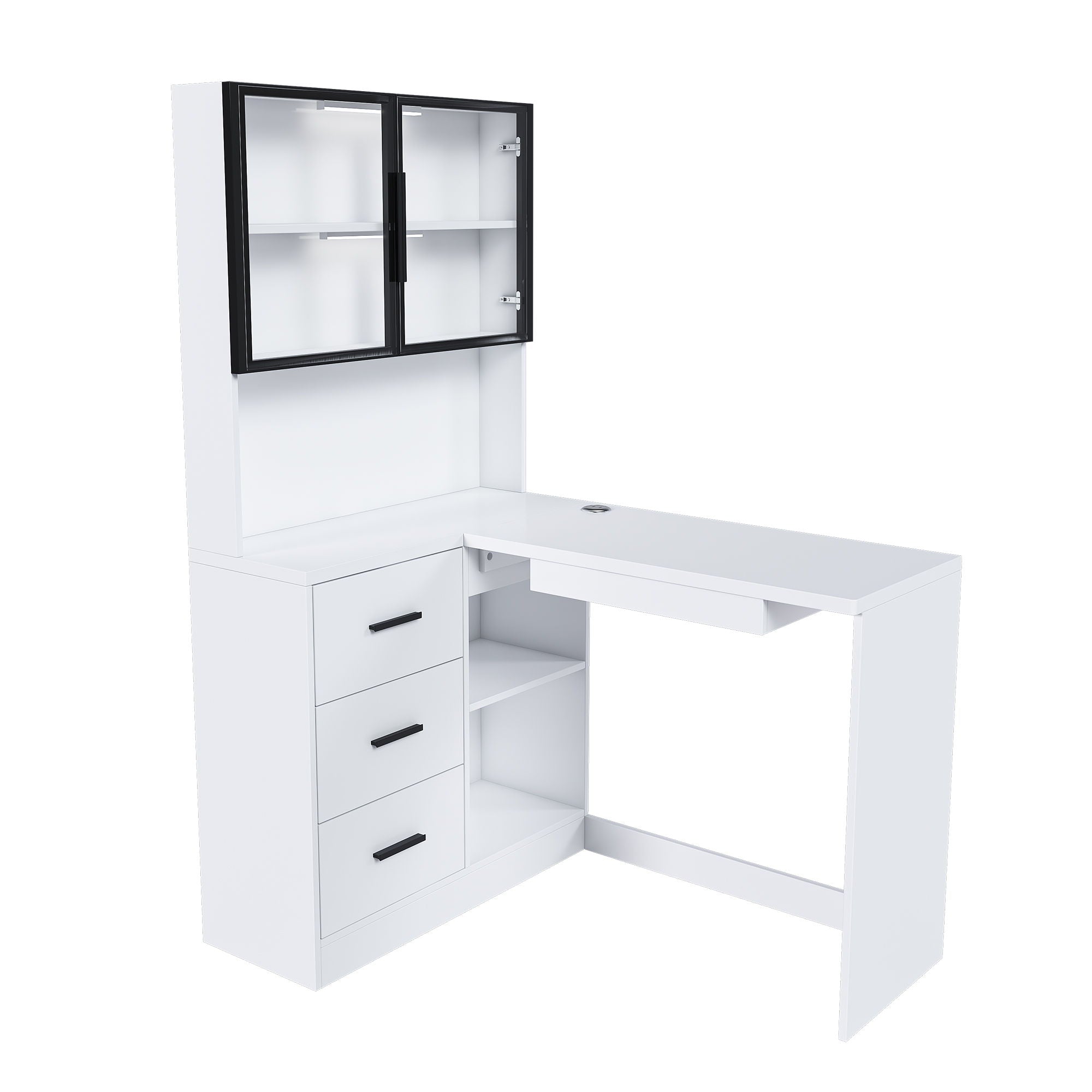 L-Shaped Computer Desk With Glass Cabinets, Built In LED Lights, USB Charging Ports - Best Buy Furniture