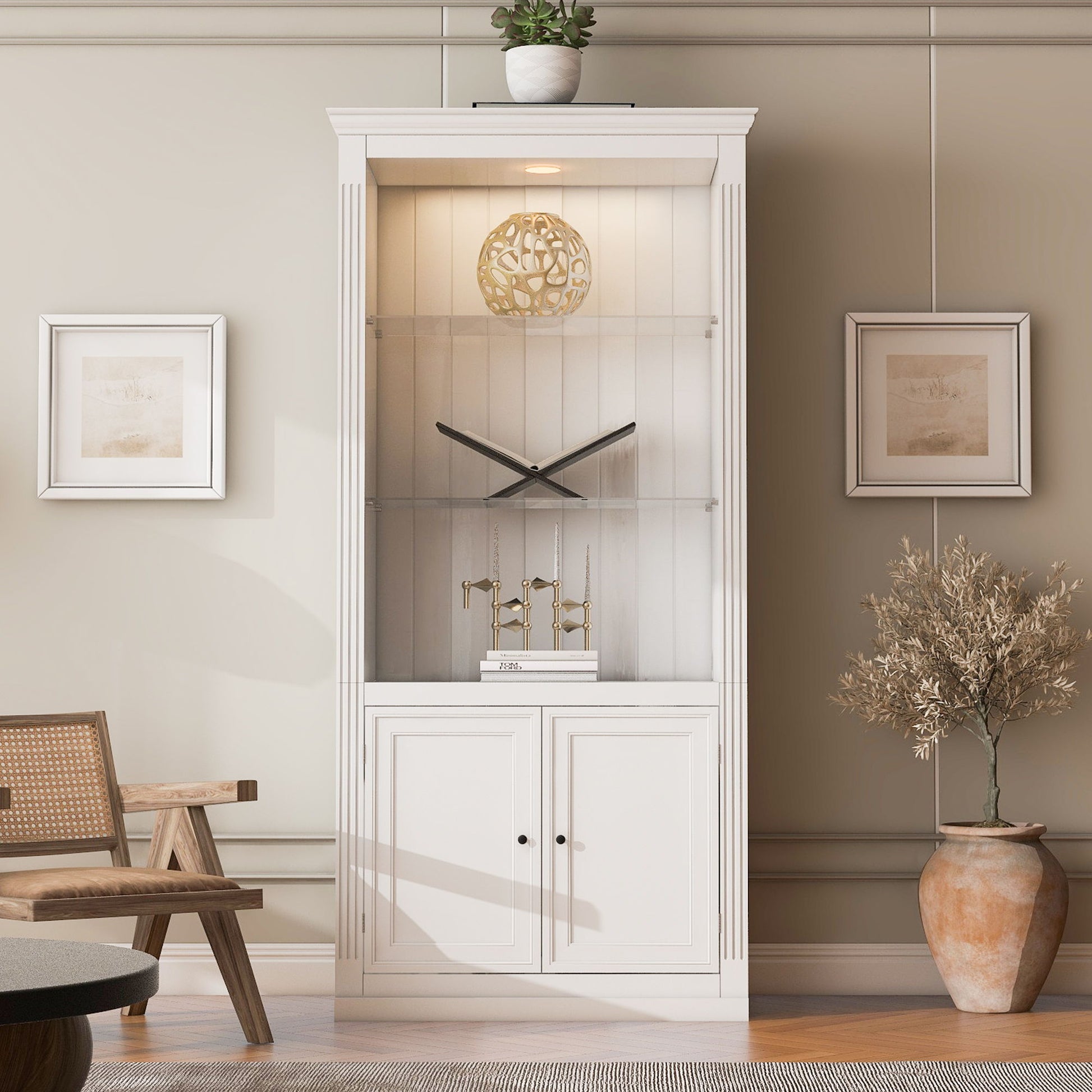 Retro Style Display Bookcase With Adjustable LED Ceiling Light And Tempered Glass Shelves - White - Best Buy Furniture