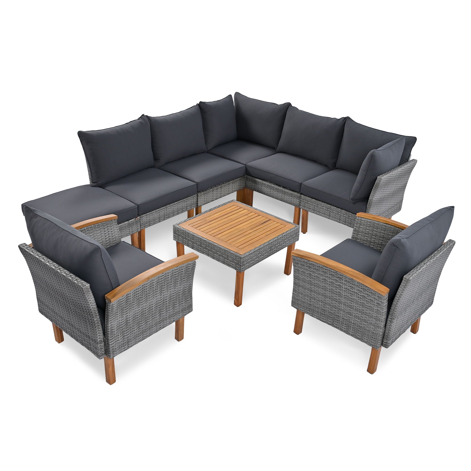 9 Piece Patio Rattan Furniture Set, Outdoor Conversation Set With Acacia Wood Legs And Tabletop, PE Rattan Sectional Sofa Set With Coffee Table, Washable Cushion - Best Buy Furniture