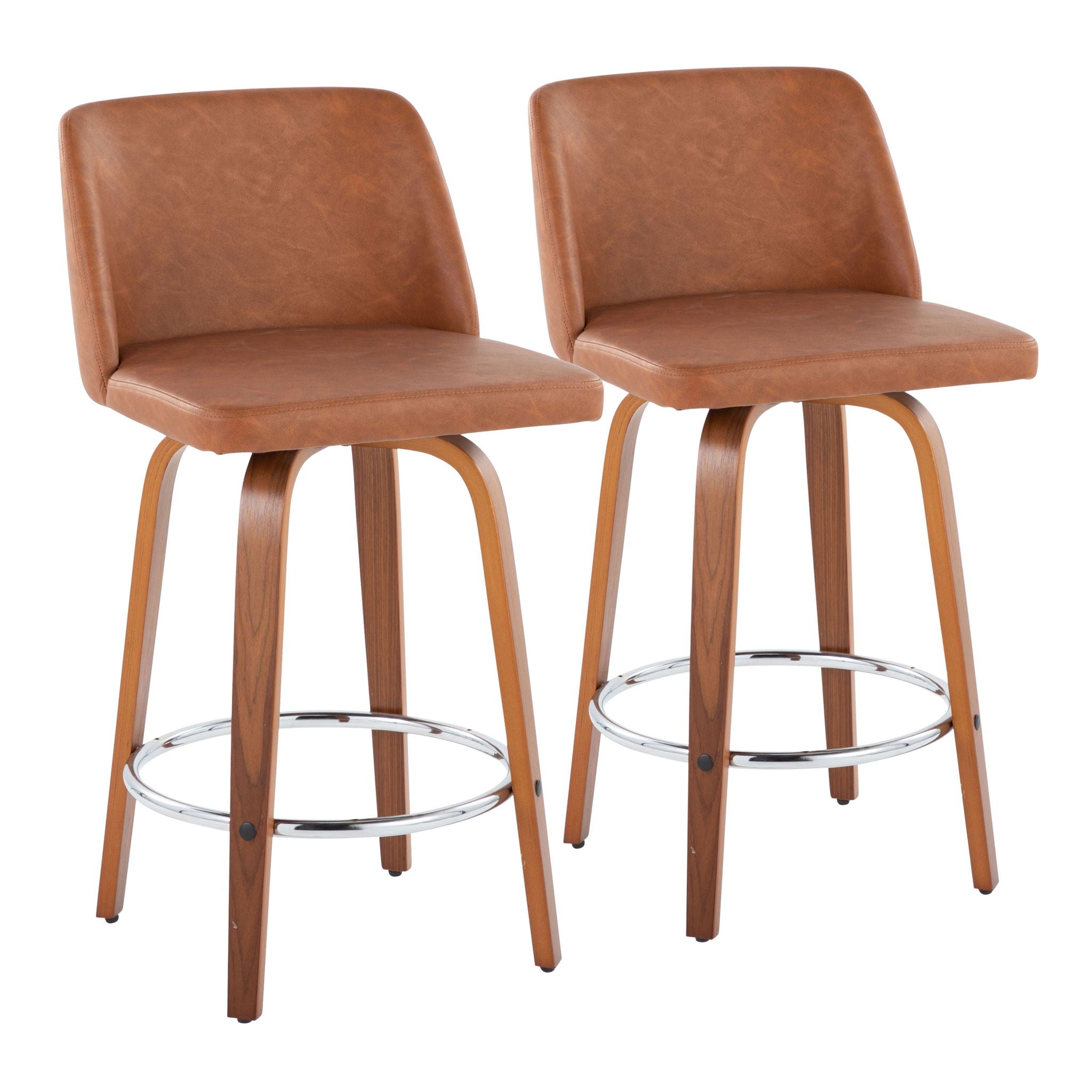Toriano - Contemporary Fixed Height Counter Stool With Swivel & Round Footrest (Set of 2) - Walnut / Camel - Best Buy Furniture