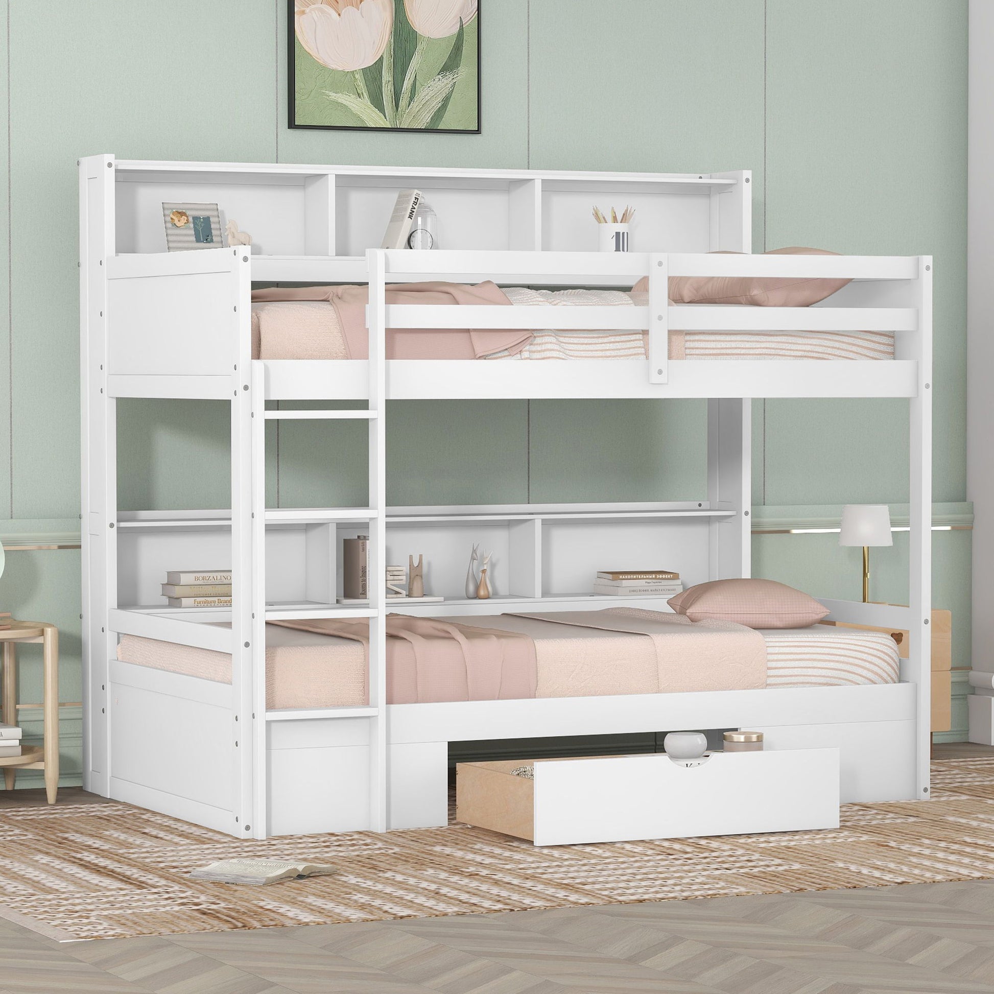 Twin Size Bunk Bed With Built-In Shelves Beside Both Upper And Down Bed And Storage Drawer - Best Buy Furniture