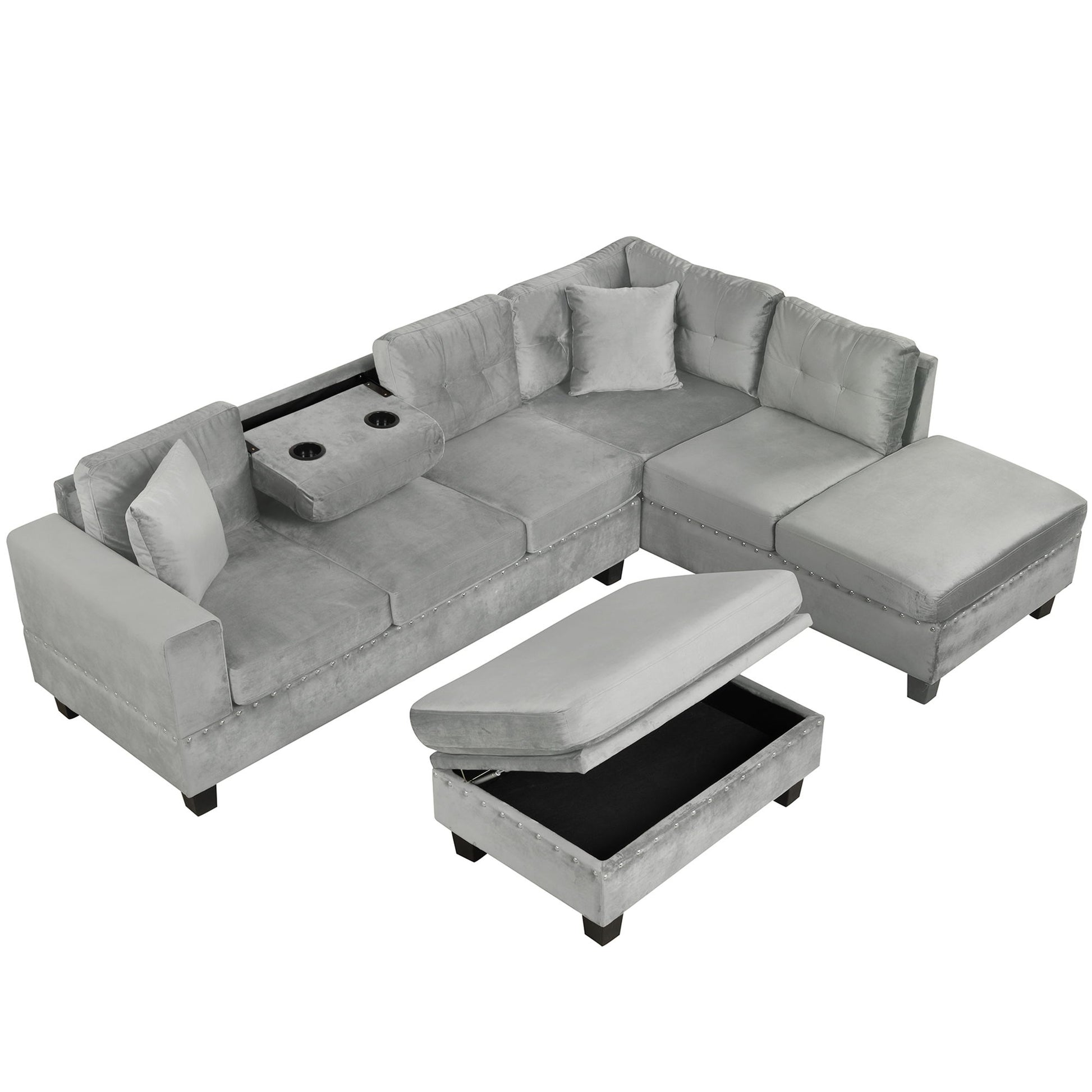 Modern Sectional Sofa With Storage Ottoman, L - Shape Couch With 2 Pillows And Cup Holders - Best Buy Furniture