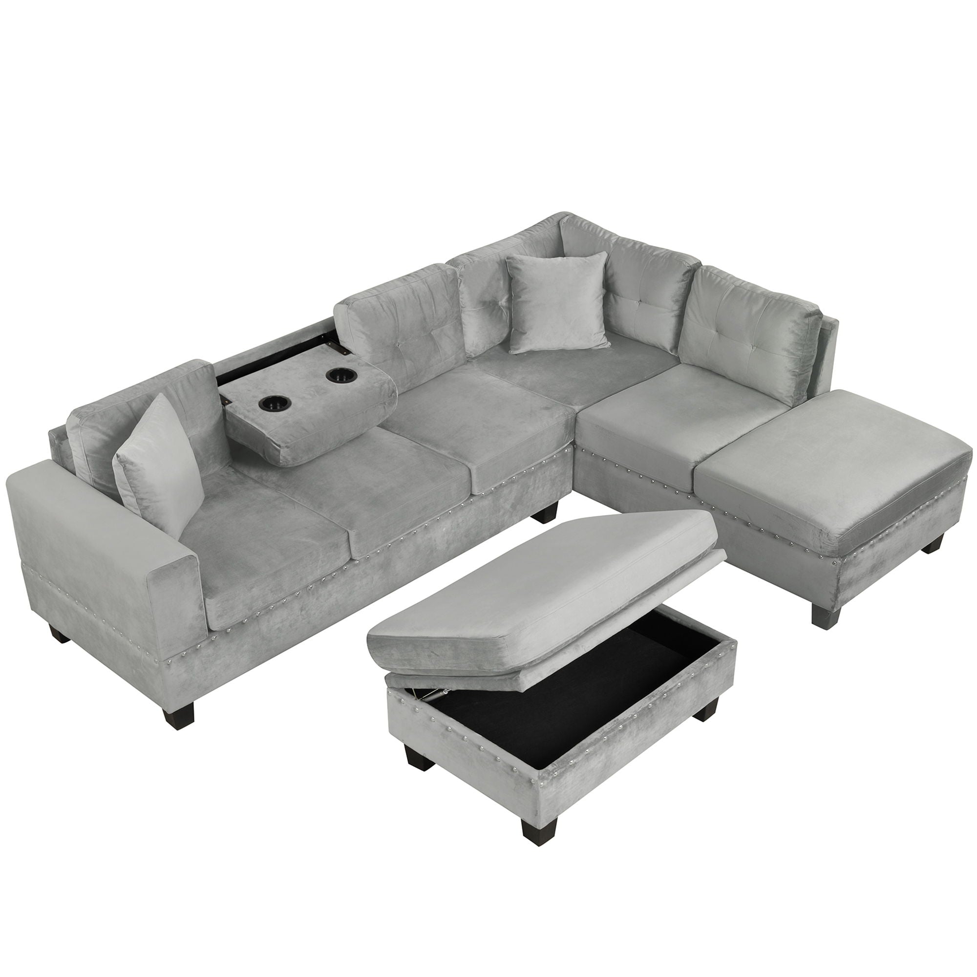 Modern Sectional Sofa With Storage Ottoman, L - Shape Couch With 2 Pillows And Cup Holders - Best Buy Furniture
