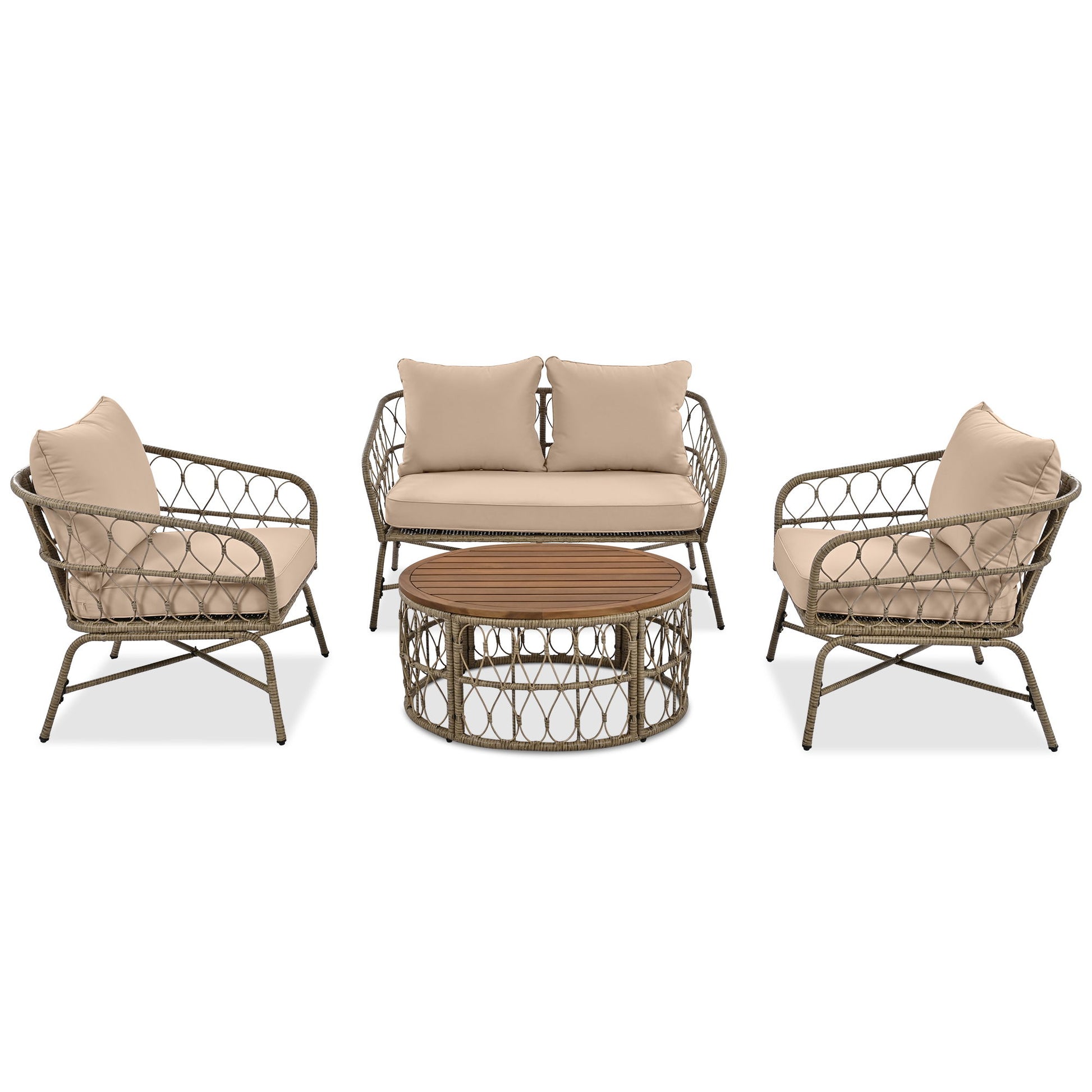 Bohemia-Inspired 4 Person Outdoor Seating Group With Removable Cushions, Conversation Patio Set With Wood Tabletop - Beige - Best Buy Furniture