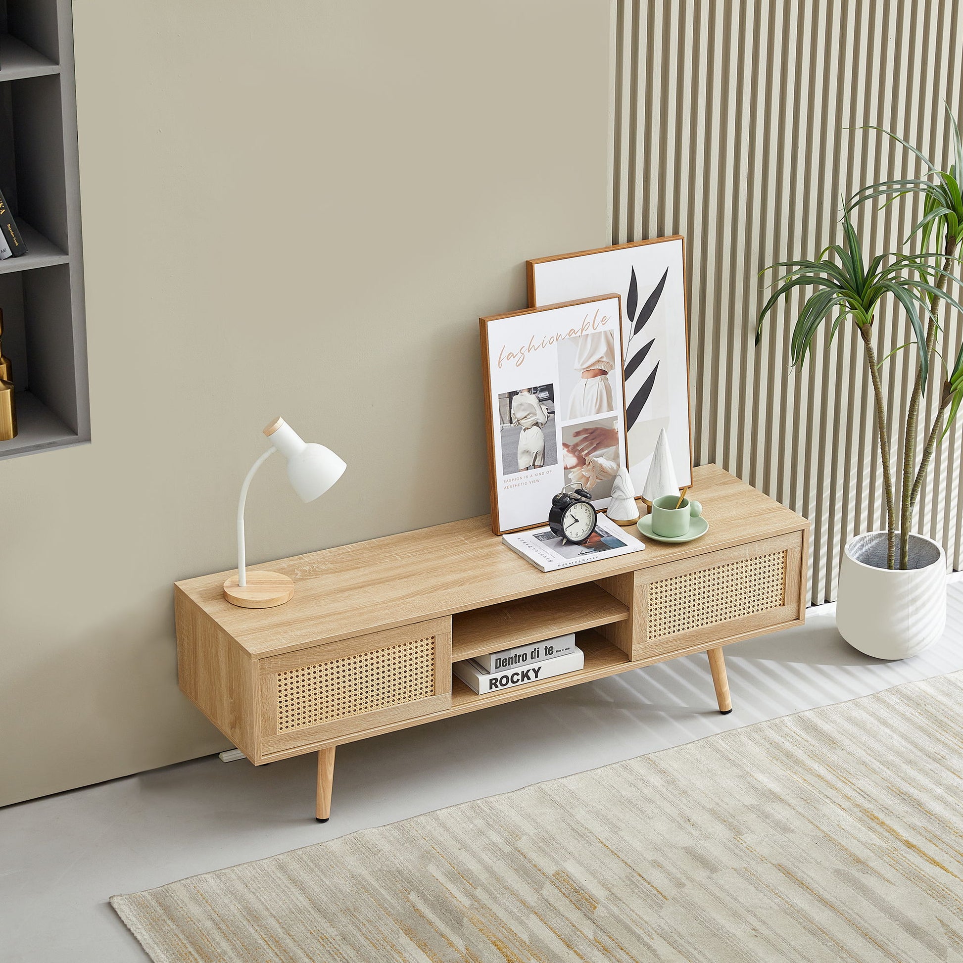 55.12" Rattan TV Cabinet, Double Sliding Doors For Storage, Adjustable Shelf, Solid Wood Legs, TV Console For Living Room - Best Buy Furniture