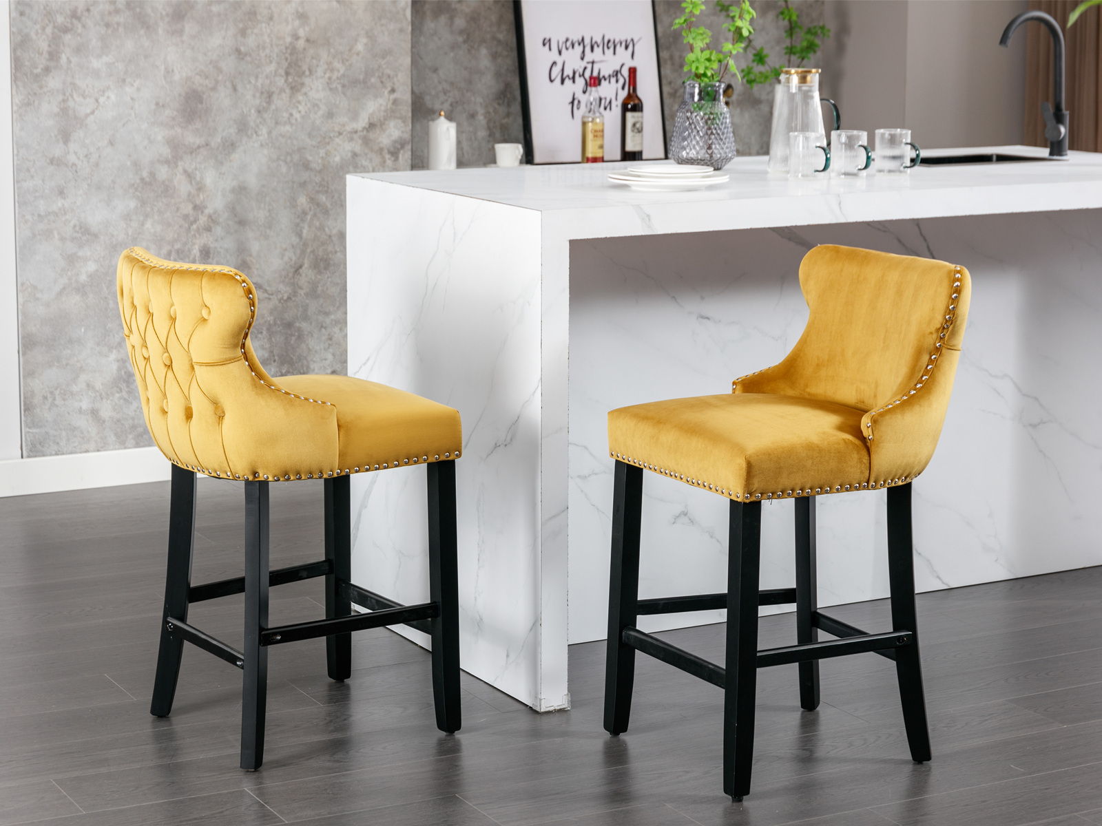 Contemporary Velvet Upholstered Wing-Back Barstools With Button Tufted Decoration And Wooden Legs, And Chrome Nailhead Trim, Leisure Style Bar Chairs, Bar Stools (Set of 2) - Best Buy Furniture