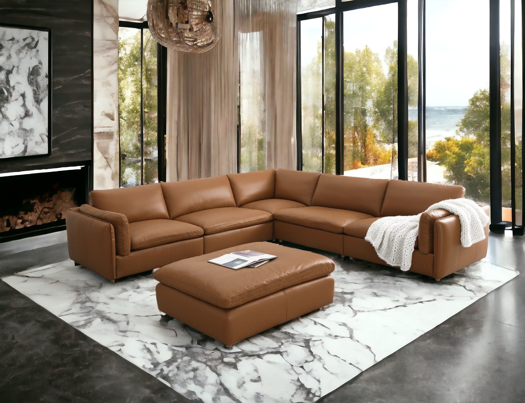 Brighton - Top Grain Leather 6 Pieces Modular Sectional With 1 Ottoman - Brown - Best Buy Furniture