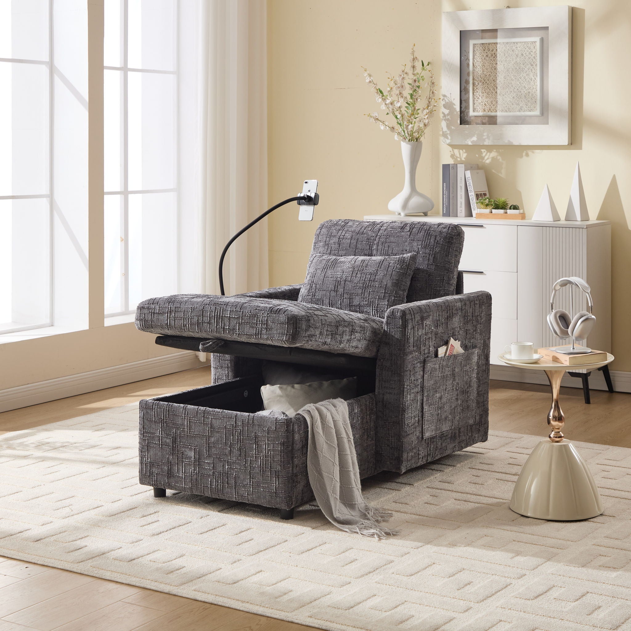 Multifunctional Chenille Recliner Sofa With Storage And Phone Bracket - Best Buy Furniture