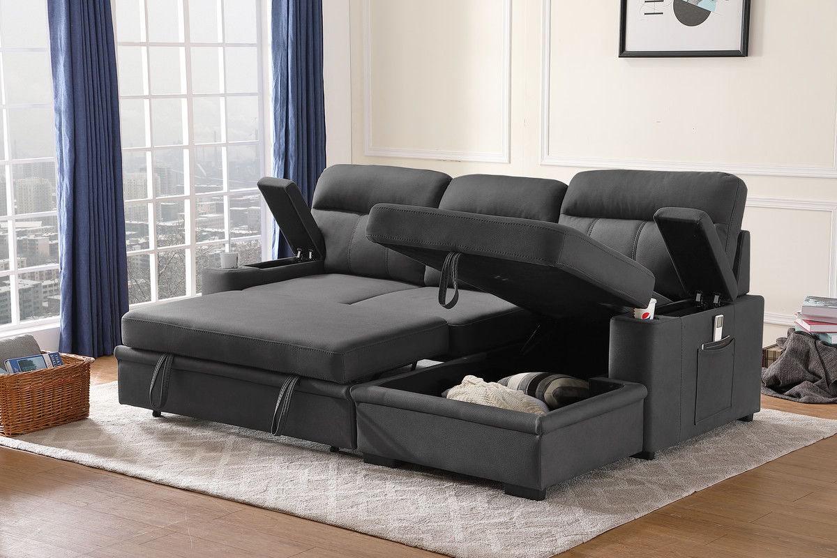 Kaden - Sleeper Sectional Sofa Chaise With Storage Arms And Cupholder - Best Buy Furniture