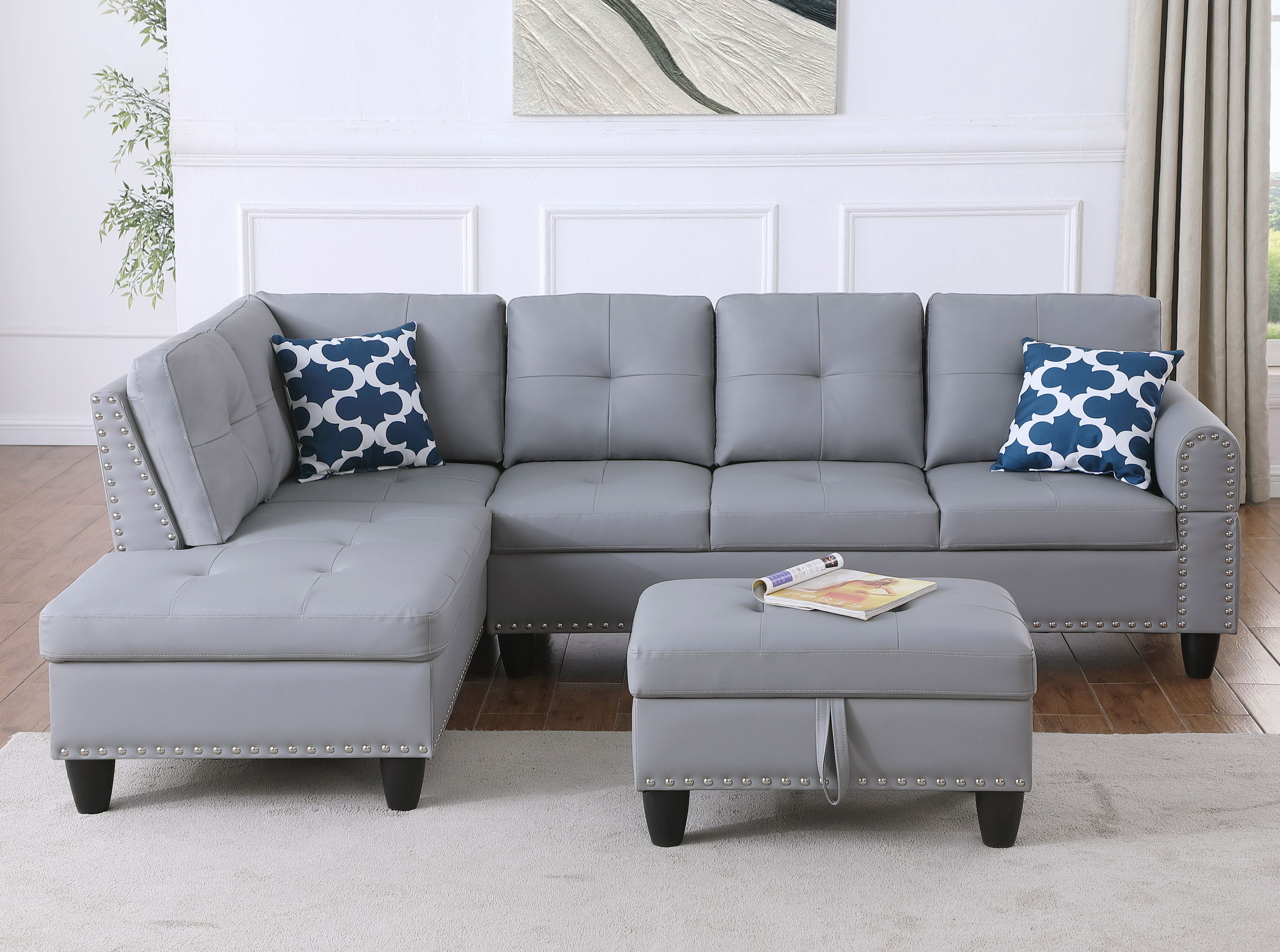 Irine - Faux Leather Sectional Sofa With Ottoman - Gray - Best Buy Furniture