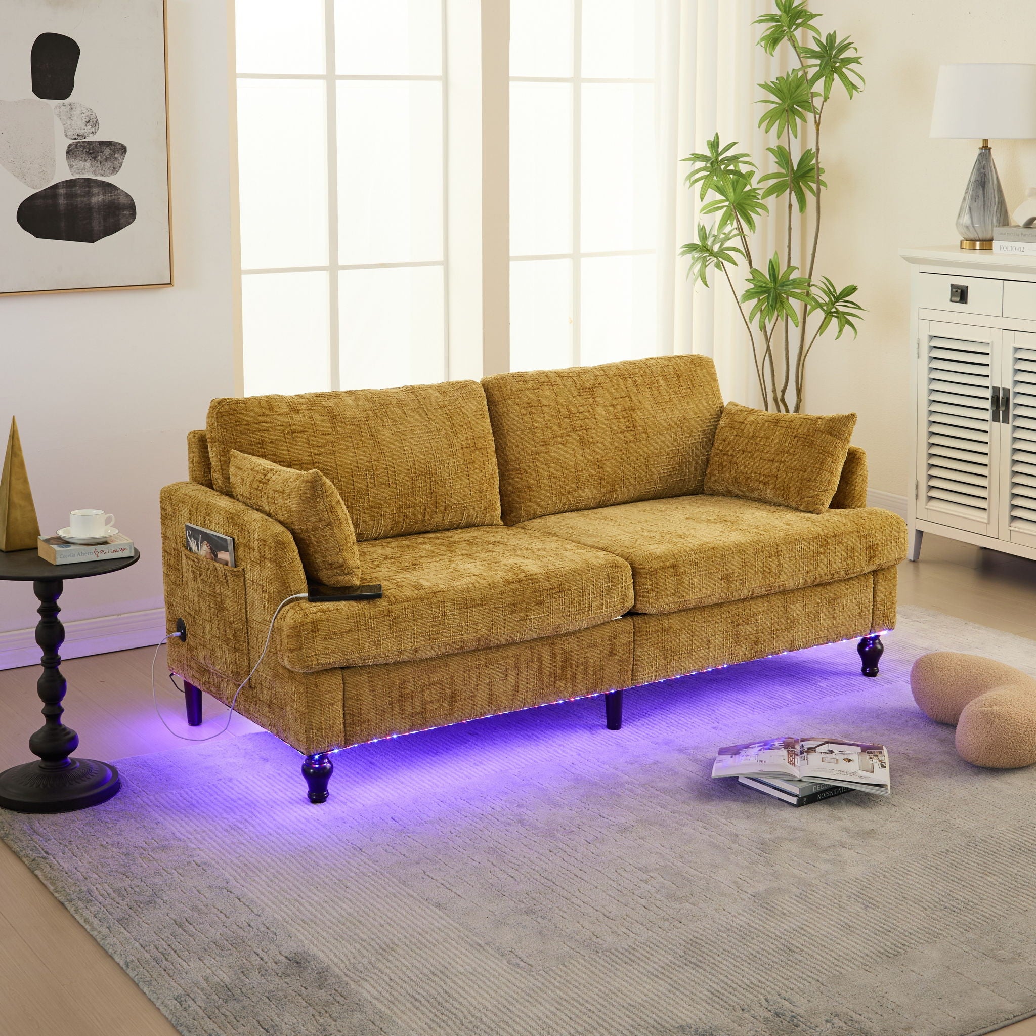 Chenille 2 Seater Sofa With LED Light, USB Charging Port, And Storage Bag - Best Buy Furniture