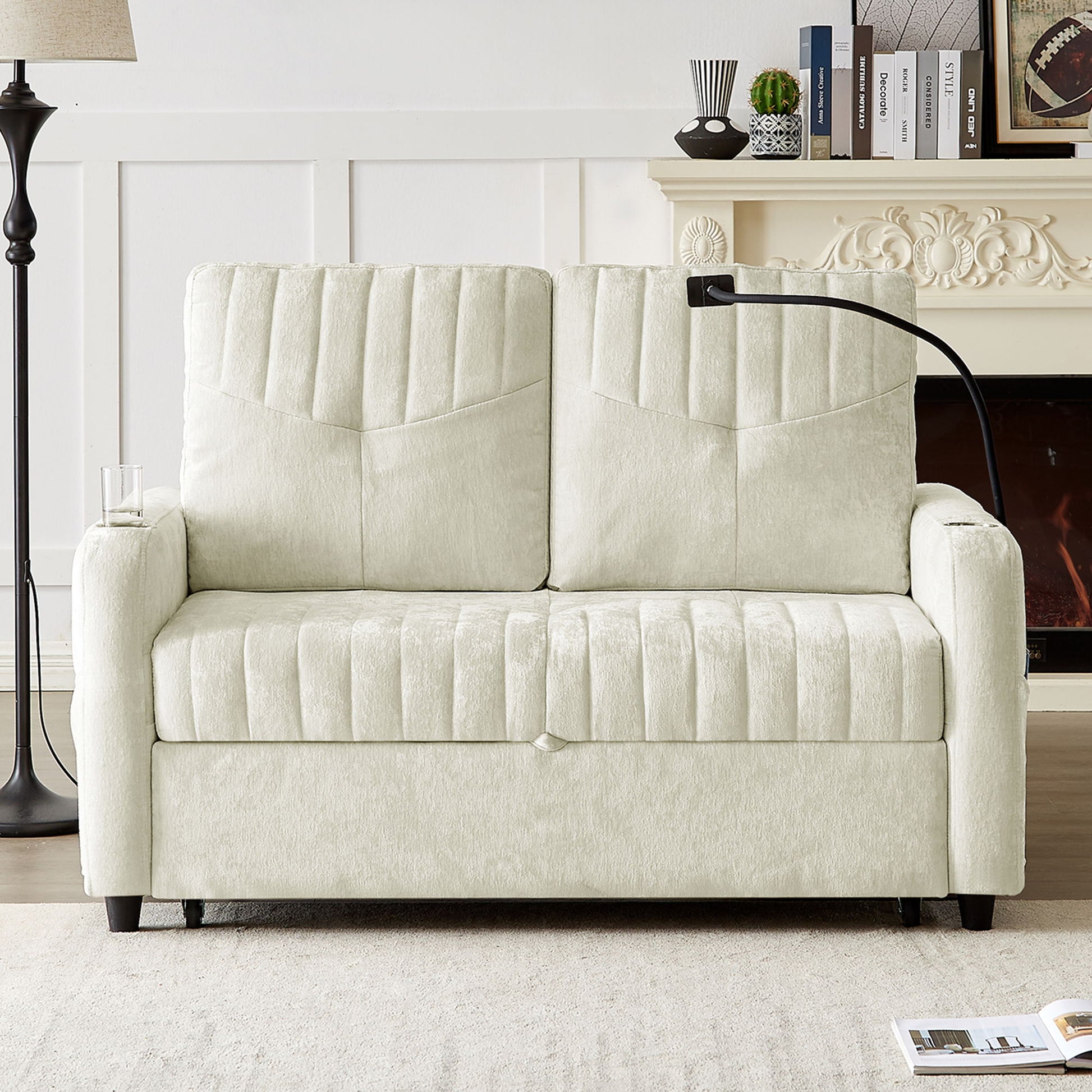 Modern Loveseat Pull Out Sofa Bed With Adjustable Backrest, Two Cup Holders, A Phone Holder, Three Charging Ports And Side Storage Pockets For Living Room - Best Buy Furniture