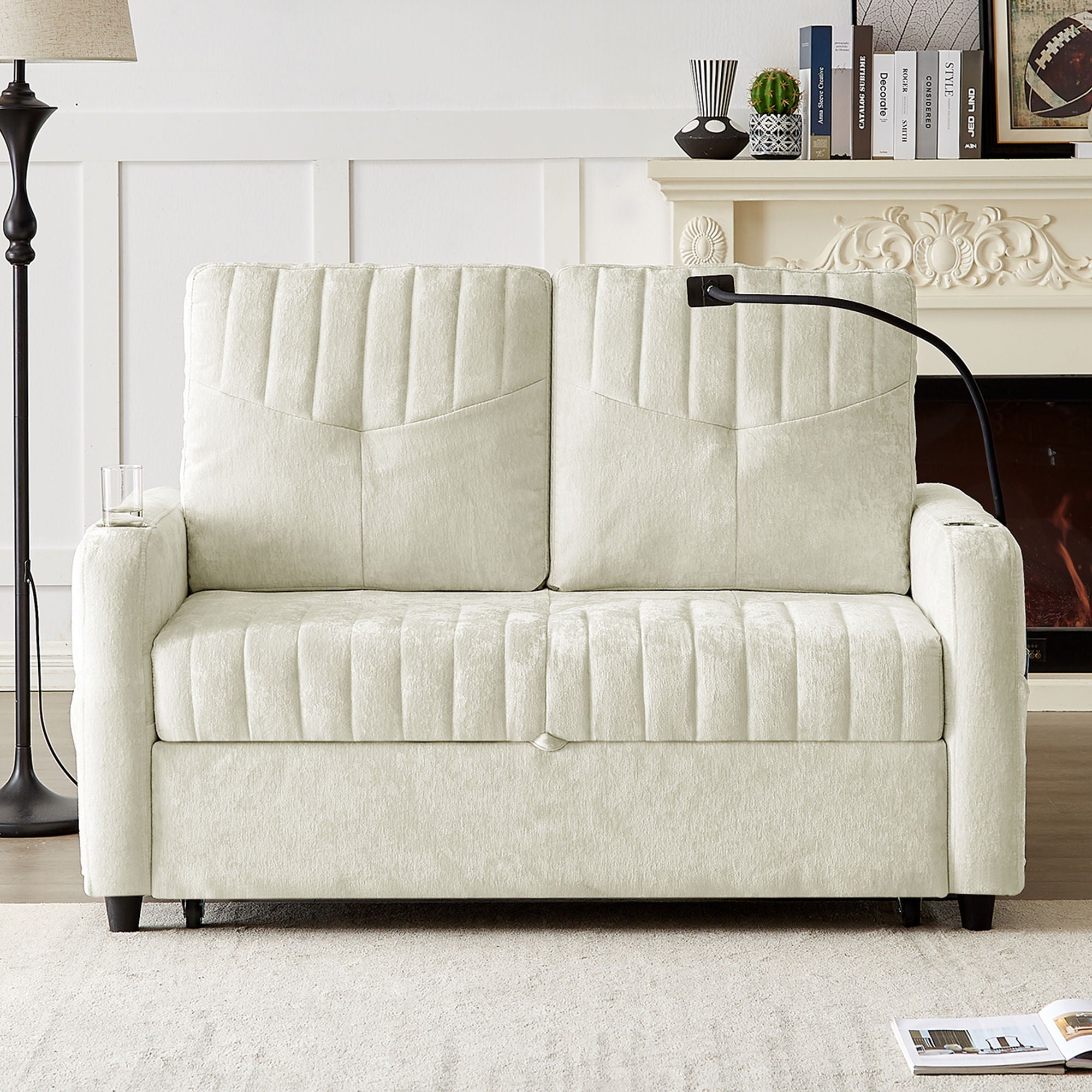 Modern Loveseat Pull Out Sofa Bed With Adjustable Backrest, Two Cup Holders, A Phone Holder, Three Charging Ports And Side Storage Pockets For Living Room - Best Buy Furniture