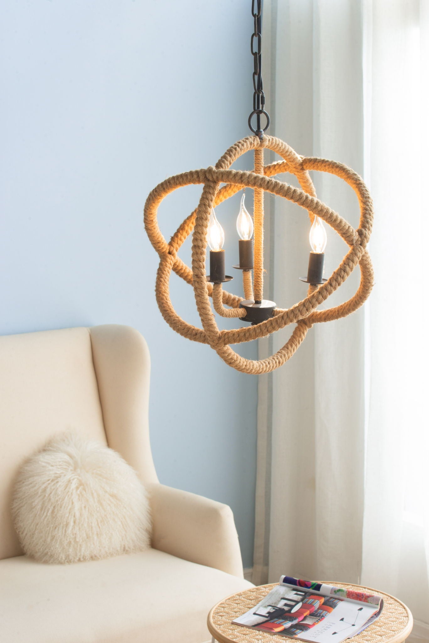 3 Light Farmhouse Chandelier, Rope Chandelier Globe Hanging Light Fixture With With Adjustable Chain For Kitchen, Bulb Not Included - Beige Brown - Best Buy Furniture