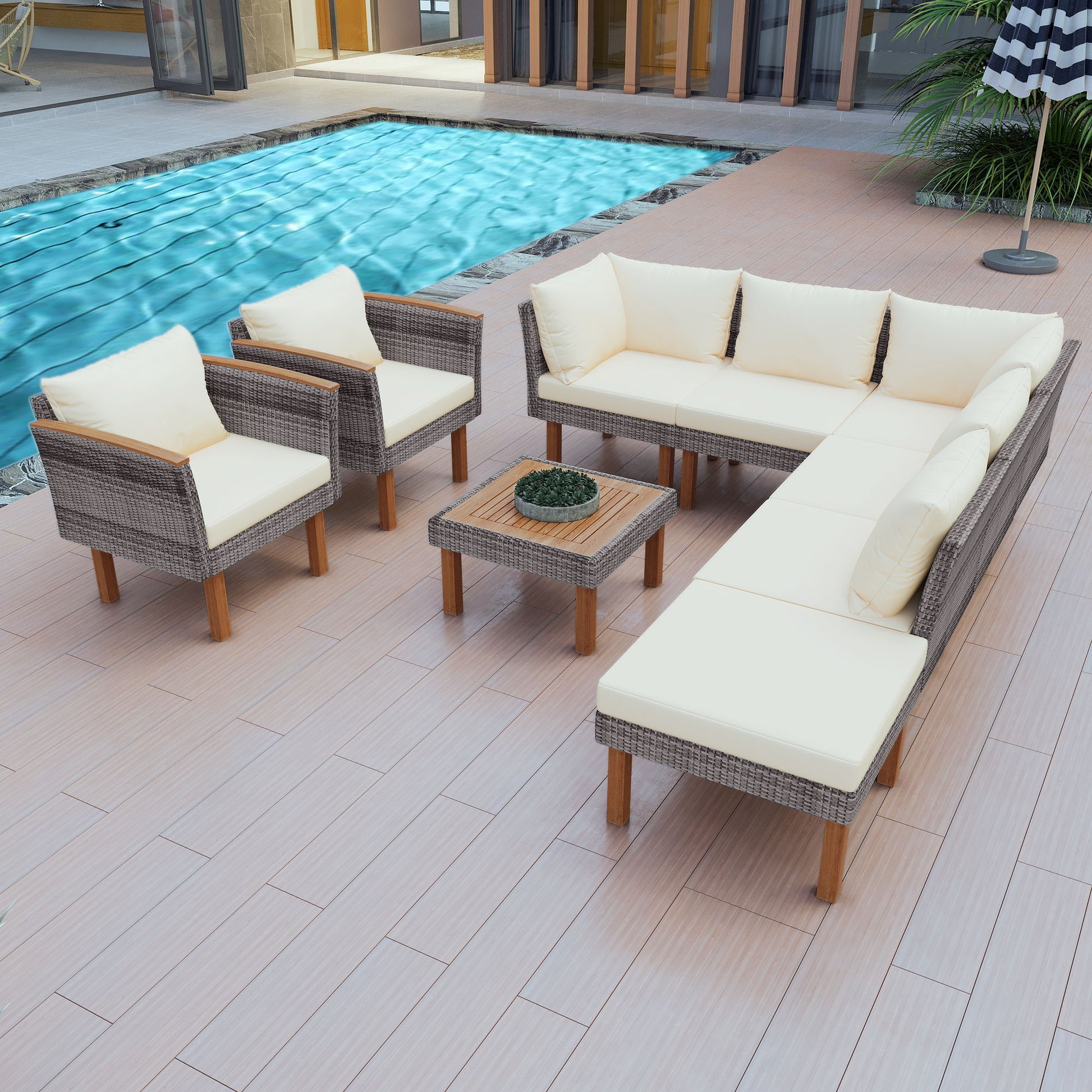 9 Piece Patio Rattan Furniture Set, Outdoor Conversation Set With Acacia Wood Legs And Tabletop, PE Rattan Sectional Sofa Set With Coffee Table, Washable Cushion - Best Buy Furniture